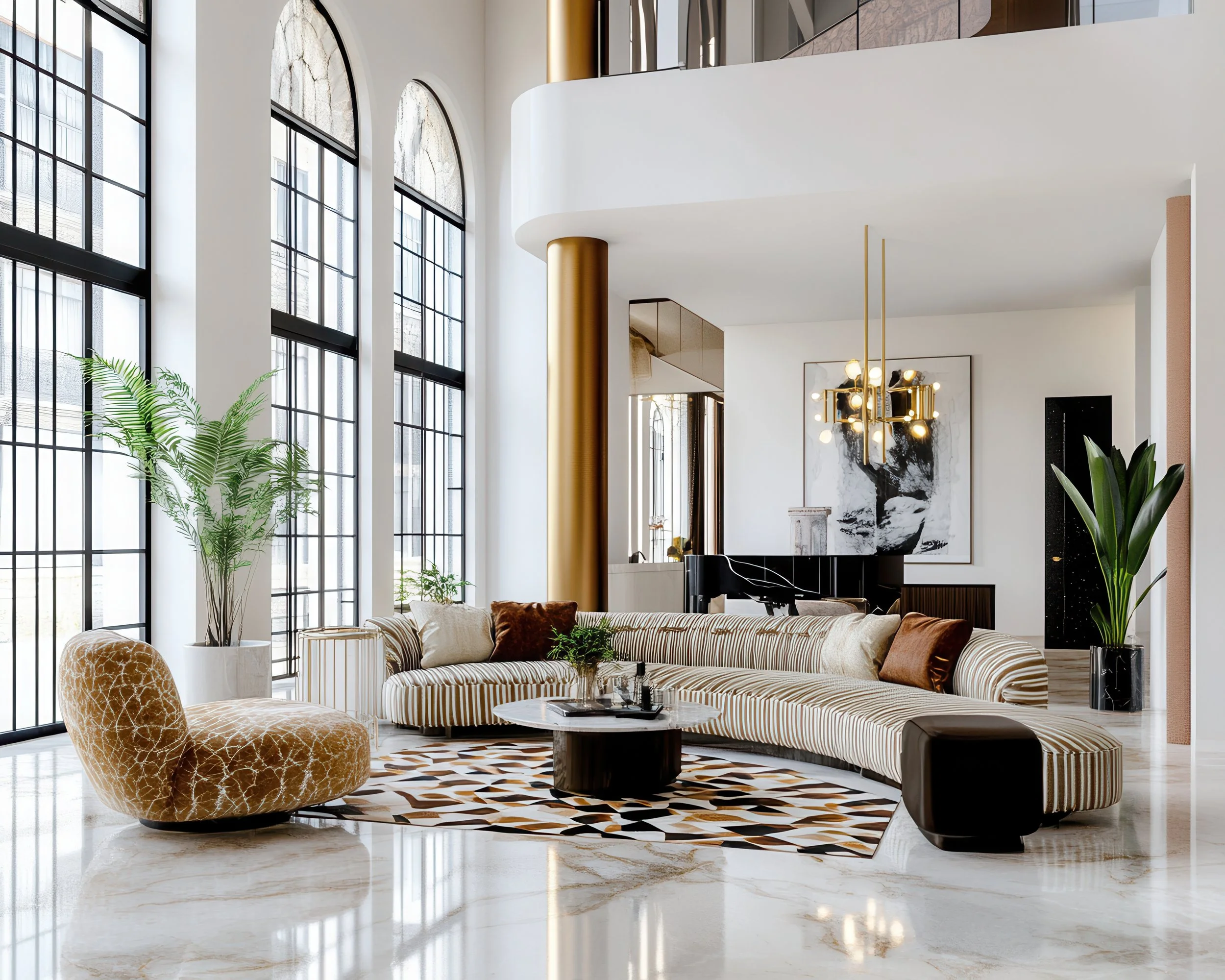 Luxurious modern living room with large windows, a curved striped sofa, a patterned area rug, a velvet accent chair, and tall indoor plants, decorated in a neutral color palette with gold and black accents.
