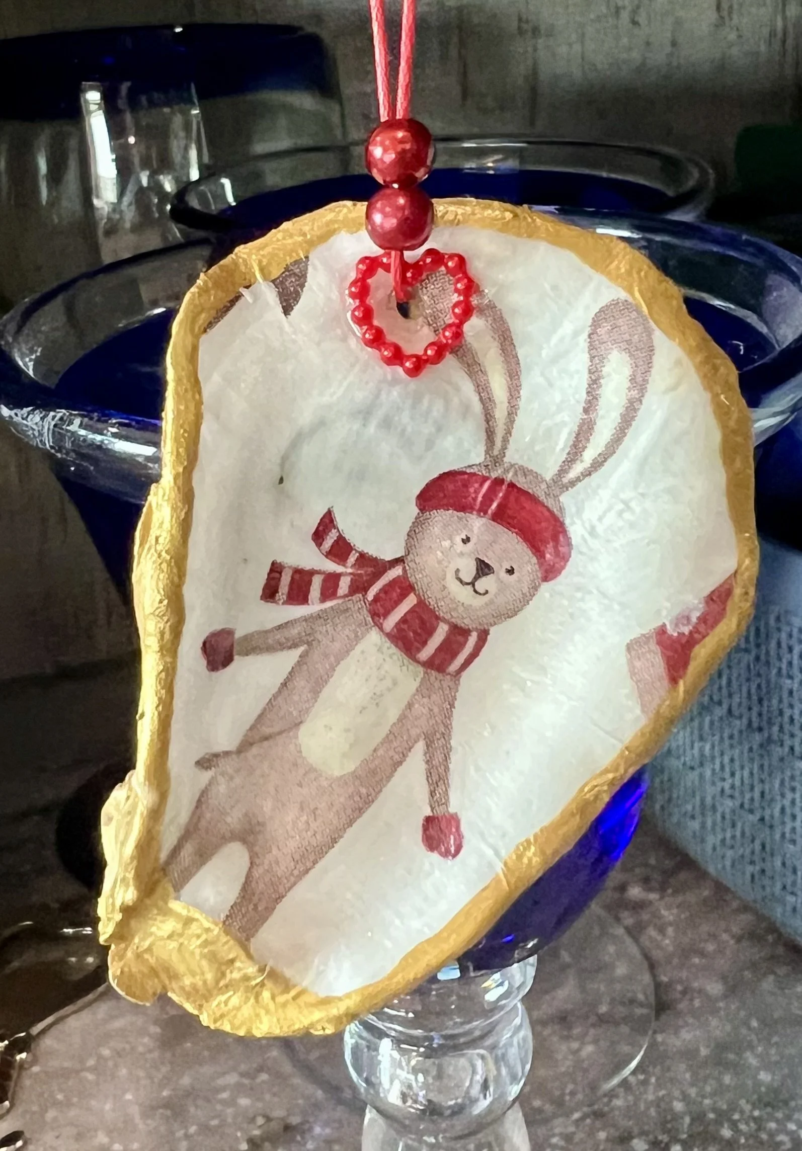 Oyster Shell Holiday Ski Bunny Christmas Ornament