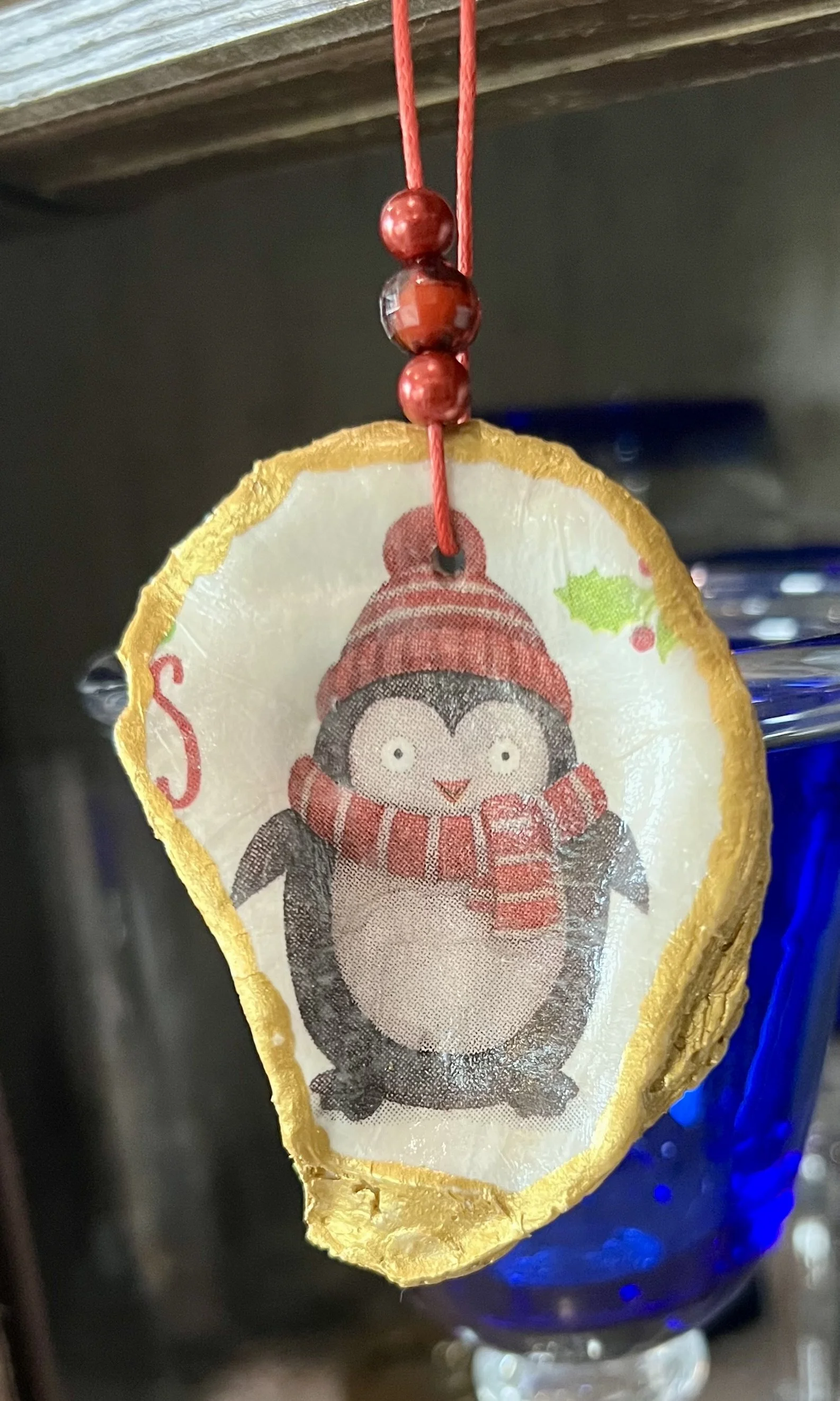 Oyster Shell Penguin Holiday Ornament