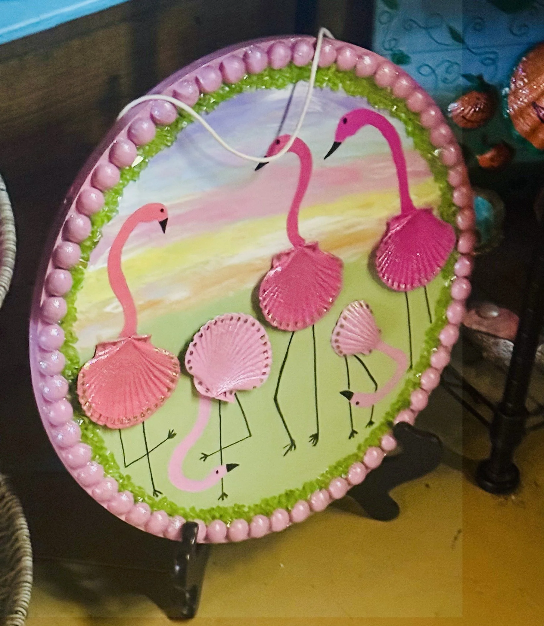 16" Round Sea Shell Flamingos Wall Art