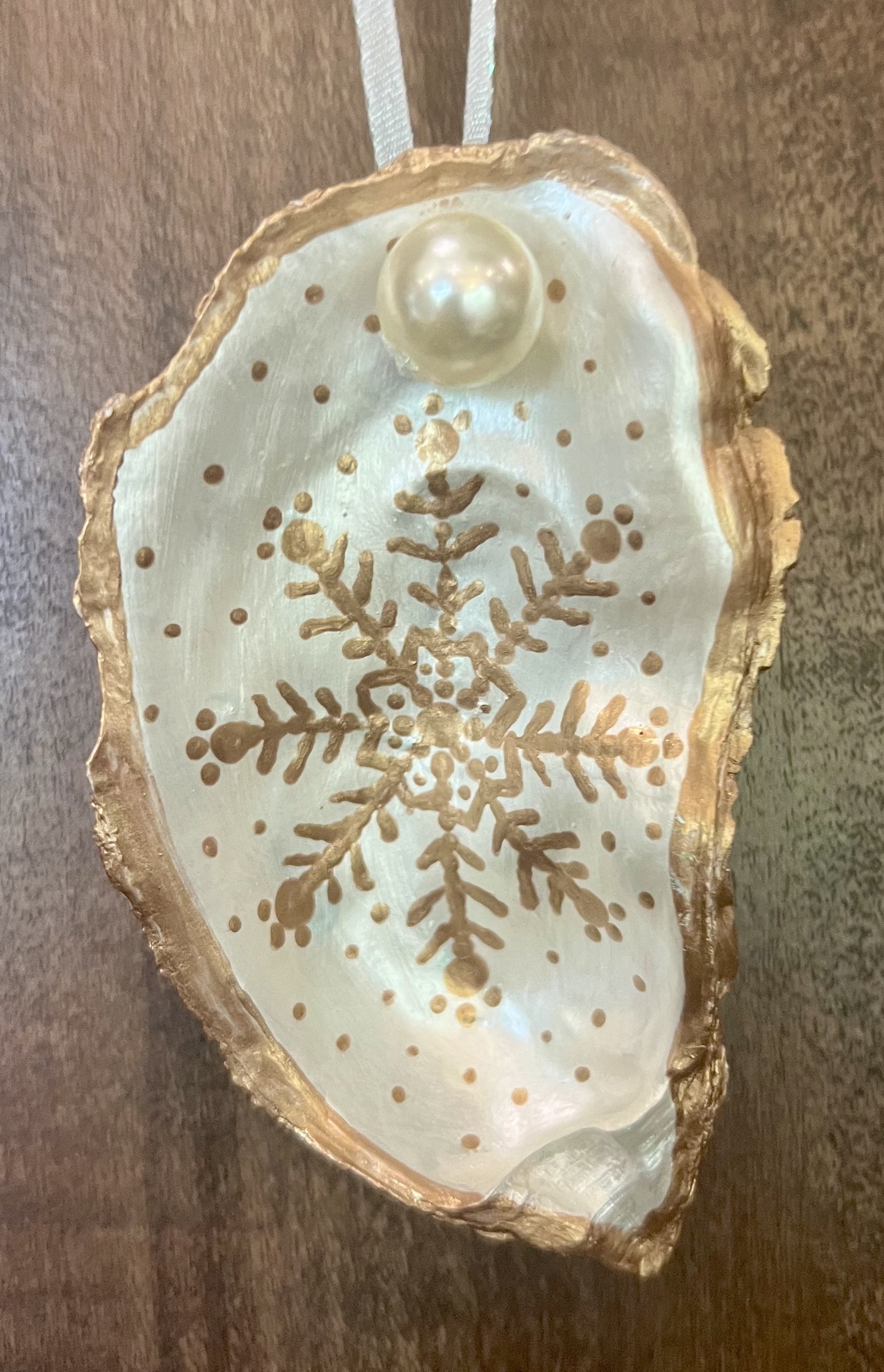 Hand Painted Oyster Shell Snowflake Ornament