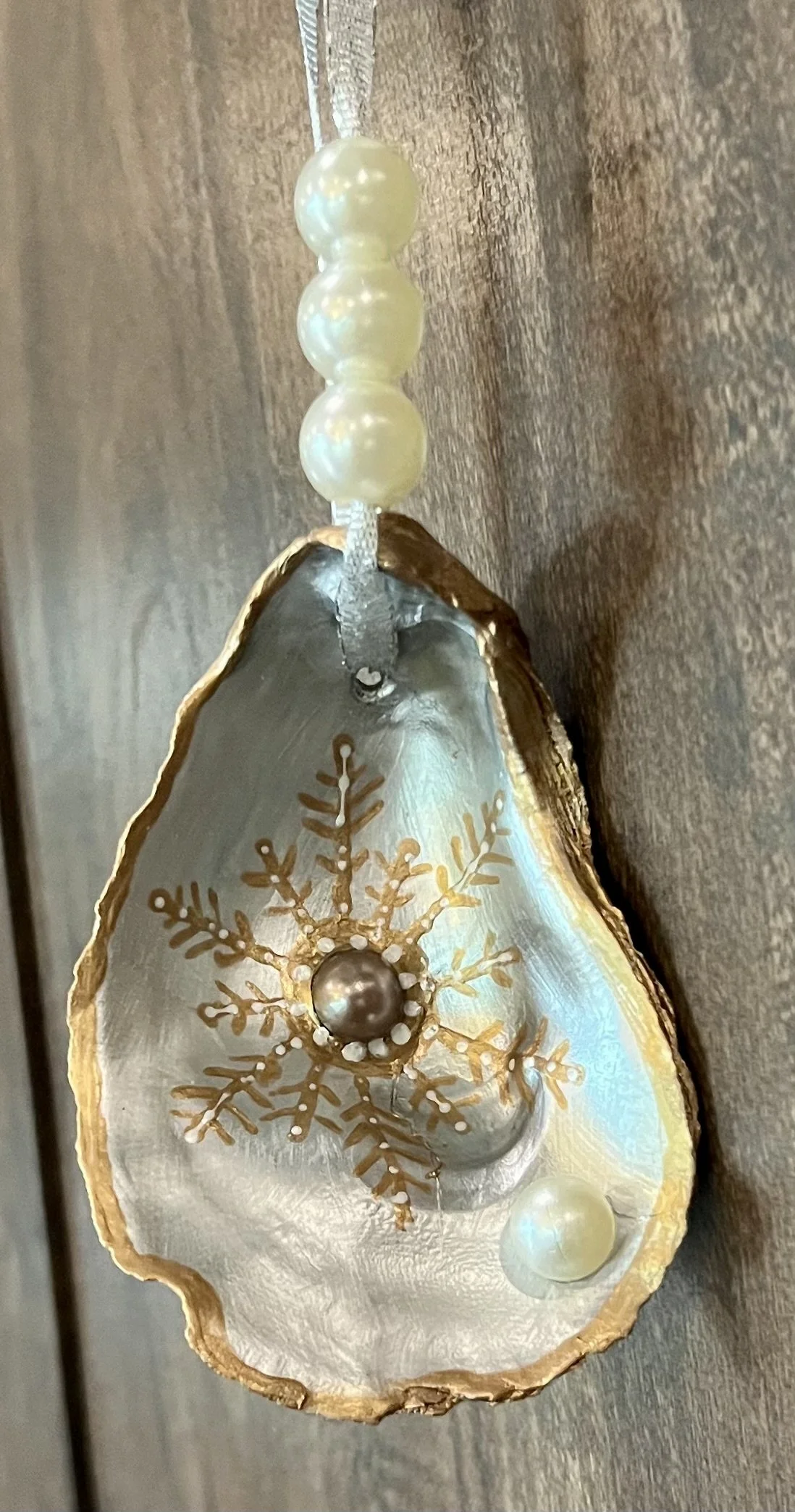 Hand Painted Oyster Shell Snowflake Ornament