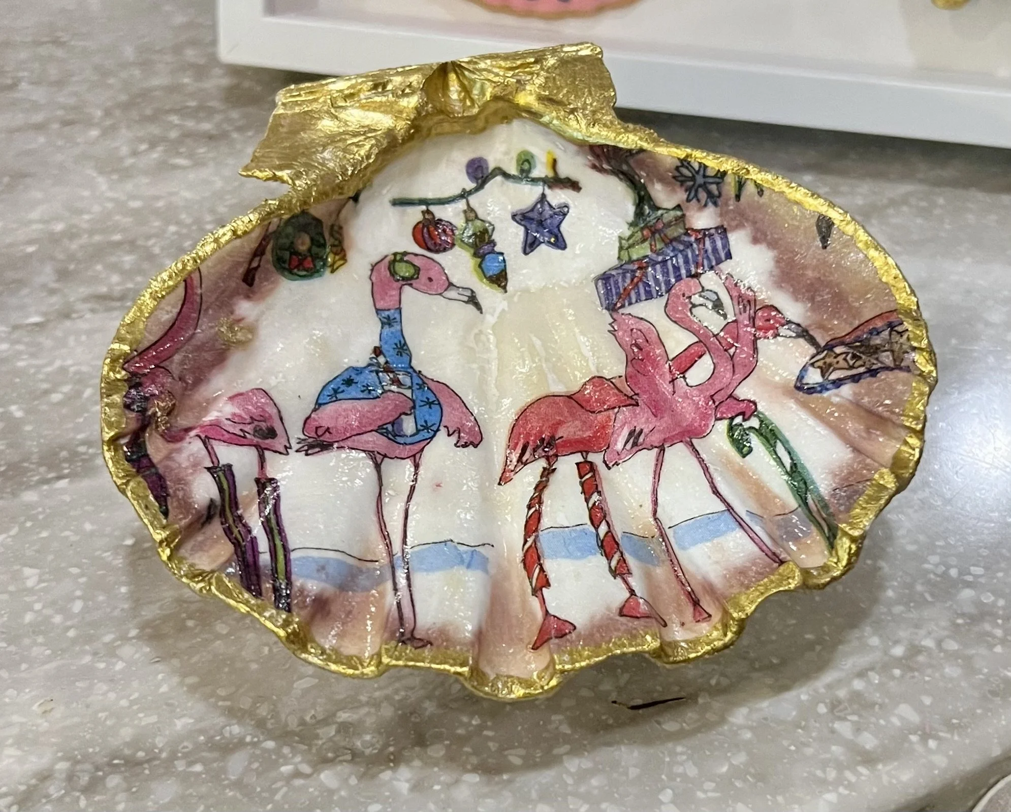 Sea Shell Flamingo Christmas Trinket Dish Holiday Decor