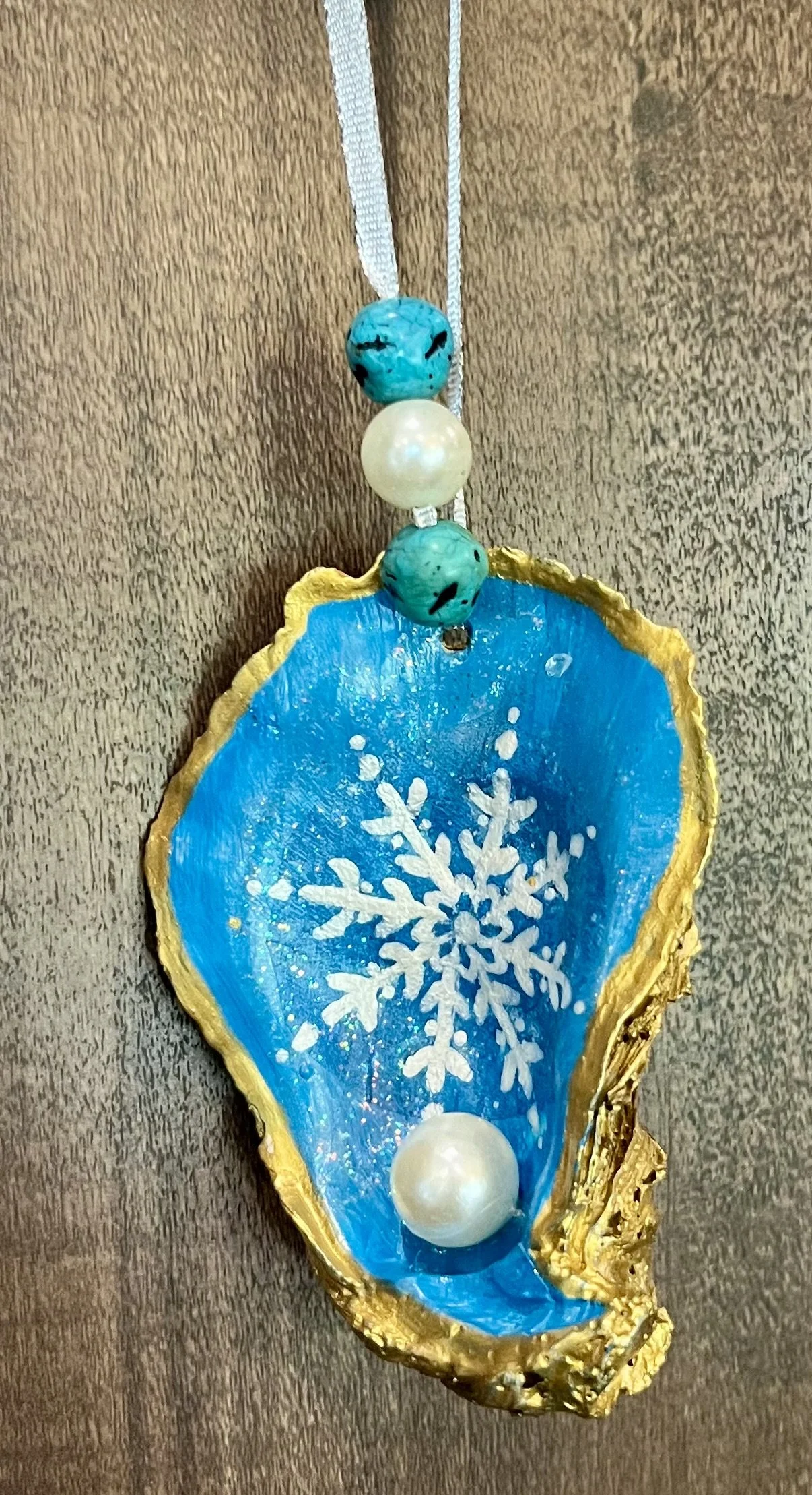 Hand Painted Oyster Shell Snowflake Ornament