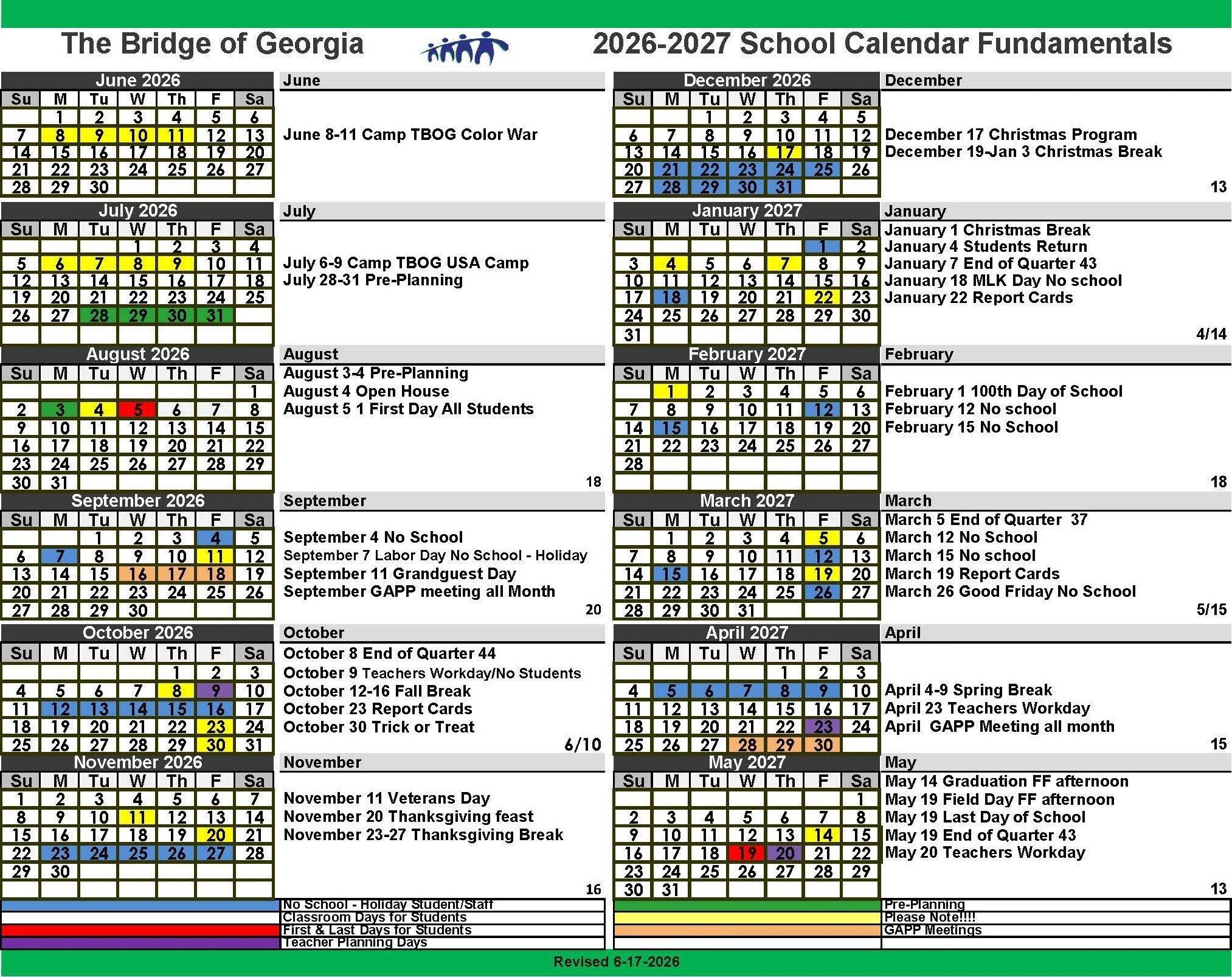 A year-round school calendar for The Bridge of Georgia for 2026-2027, highlighting important dates, breaks, events, and school day schedules in a detailed table format with color codes for different types of days.