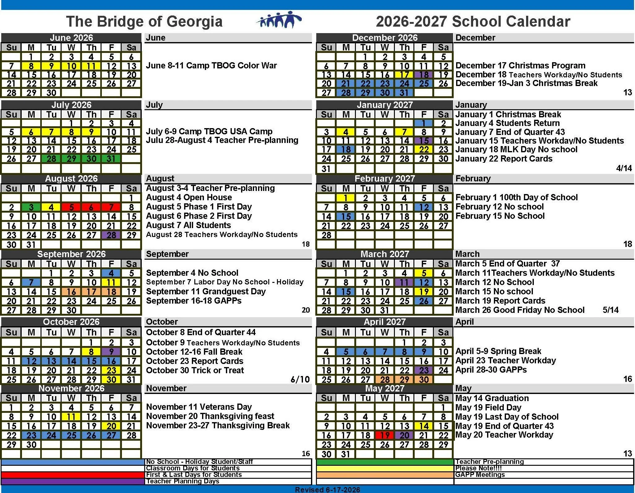 A school calendar for the year 2026-2027 titled "The Bridge of Georgia" showing months from June 2026 to May 2027 with highlighted dates for school events, holidays, breaks, and teacher planning days. Color codes indicate different categories such as holidays, breaks, school days, and staff days.