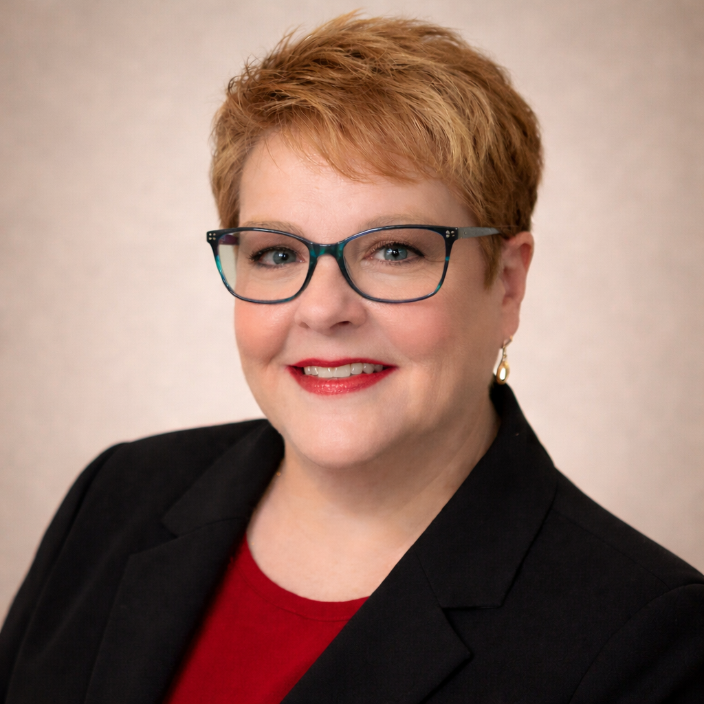A woman with short hair, wearing blue glasses, hoop earrings, a maroon top, and a silver necklace, smiling against a gray background.