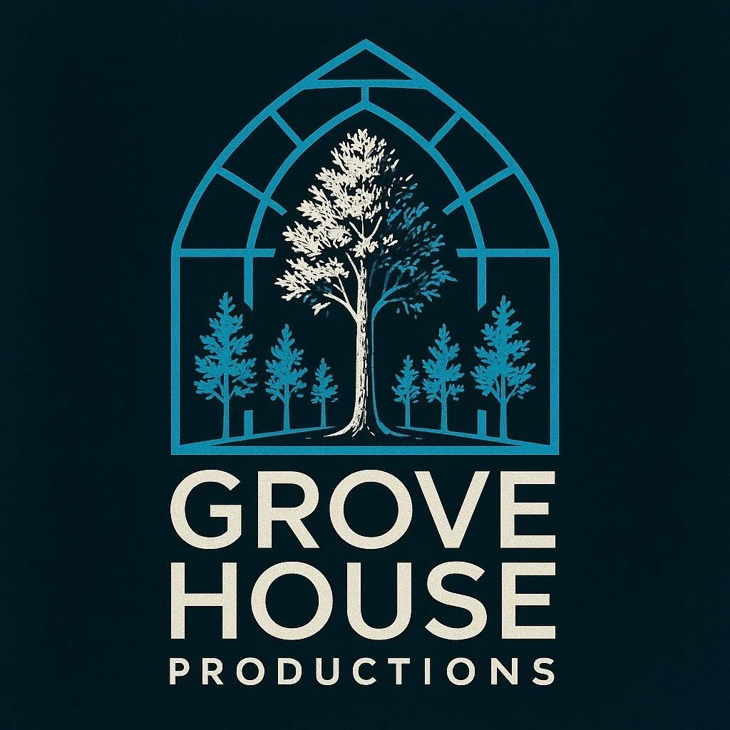 A logo for Grove House Productions featuring a white tree and smaller trees inside a blue arch window.