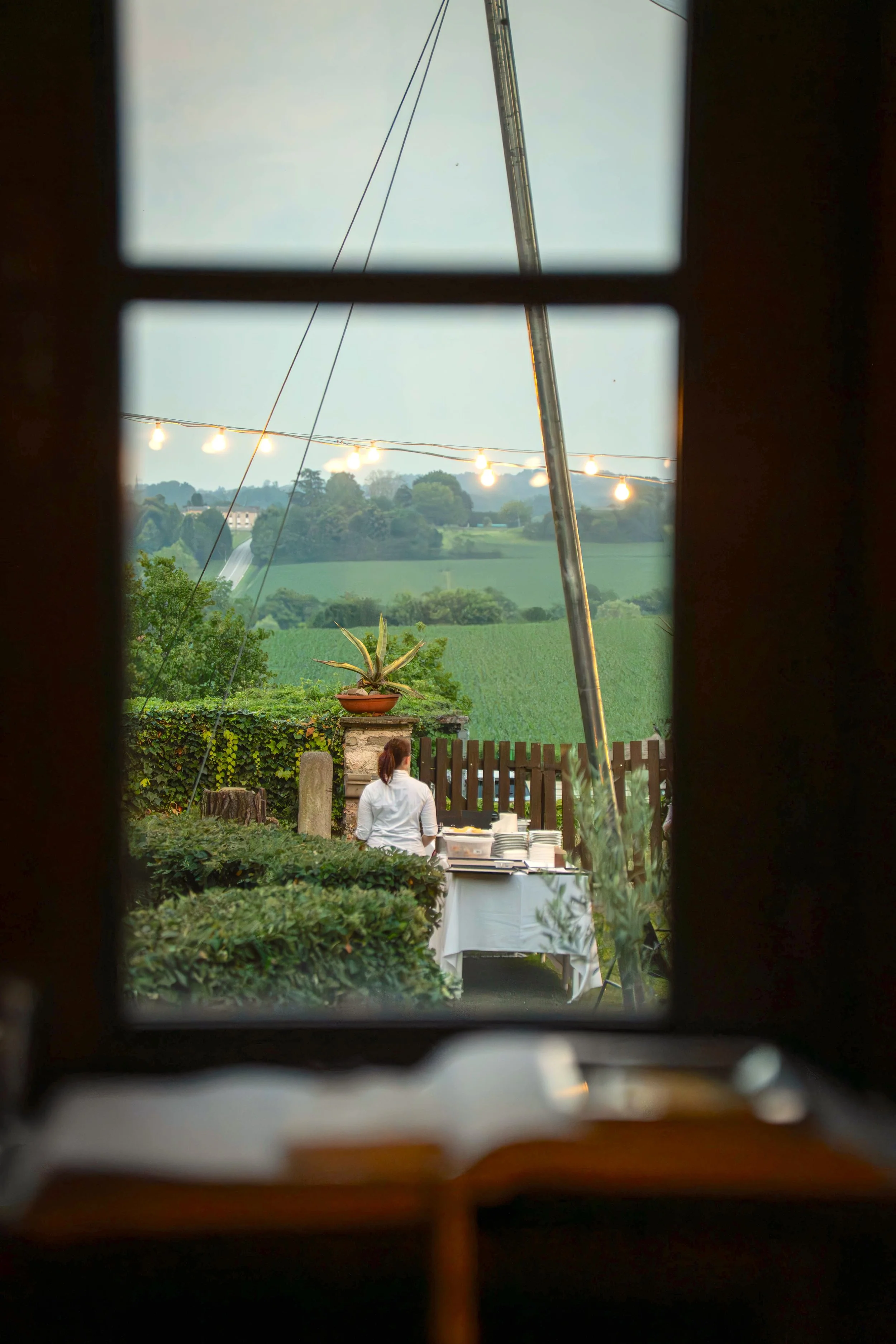 giardino di un ristorante allestito per una festa in giardino, vino, buffet e luci
