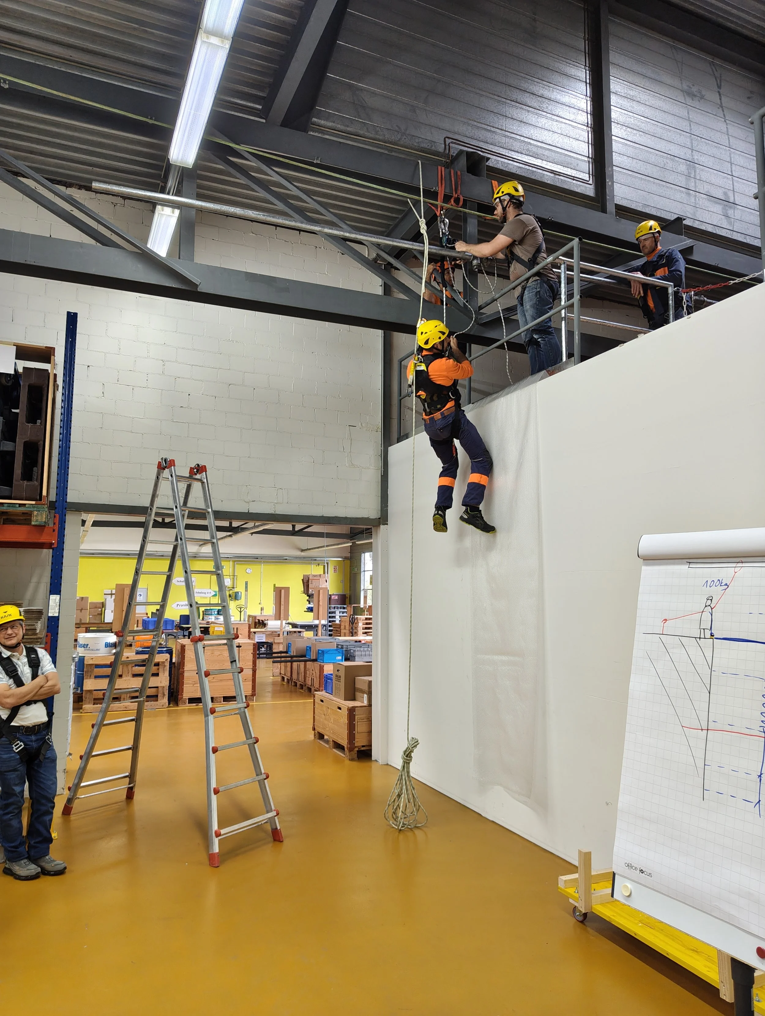Zwei Arbeiter mit Helmen und Sicherheitsausrüstung hängen an einem Seil, während sie an einer Stahlkonstruktion in einer Fabrikhalle lernen sich zu sichern und abzuseilen.