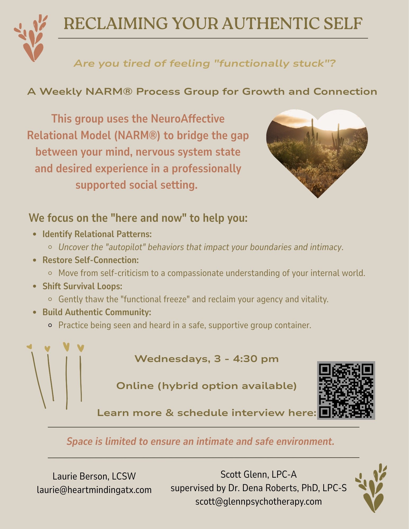 A flyer titled 'Reclaiming Your Authentic Self' promoting a weekly online NARM® process group for growth and connection, with bullet points about identifying relational patterns, restoring self-connection, shifting survival loops, and building authentic community. The flyer features a heart-shaped image of a desert landscape with cacti and a QR code for more information.