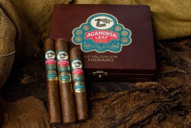 Four cigars with Bandolero packaging and a wooden box with Aganorsa Leaf branding, placed on a rustic surface.