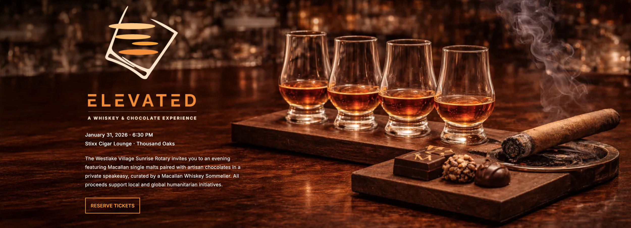 Invitation to an event called Elevated: A Whiskey & Chocolate Experience, scheduled for January 31, 2026, at 6:30 PM at Stixx Cigar Lounge in Thousand Oaks. The background features four Glencairn glasses filled with amber-colored whiskey, placed on a