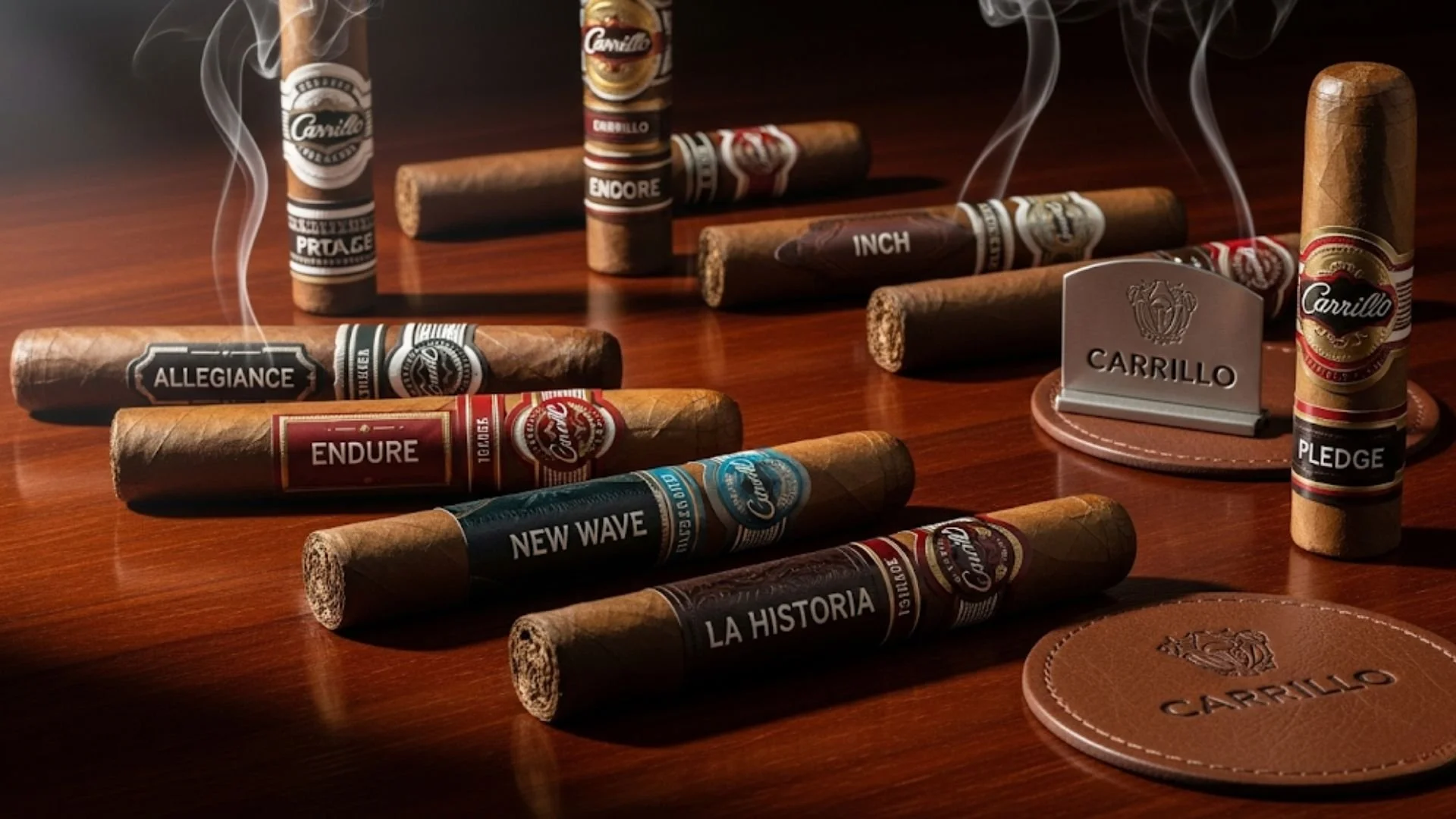 Several cigars with labels, some with smoke, on a wooden surface, with a metal and leather cigar cutter and a round leather ashtray with the brand name 'Carrillo' embossed, and a small metal stand with 'Carrillo' engraved.
