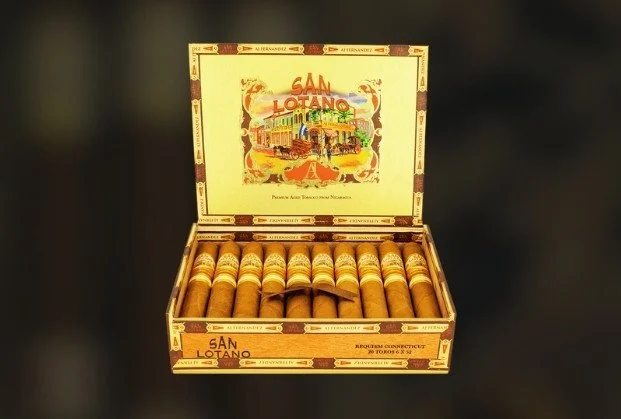 Open box of San Lotano cigars with colorful label inside the lid.