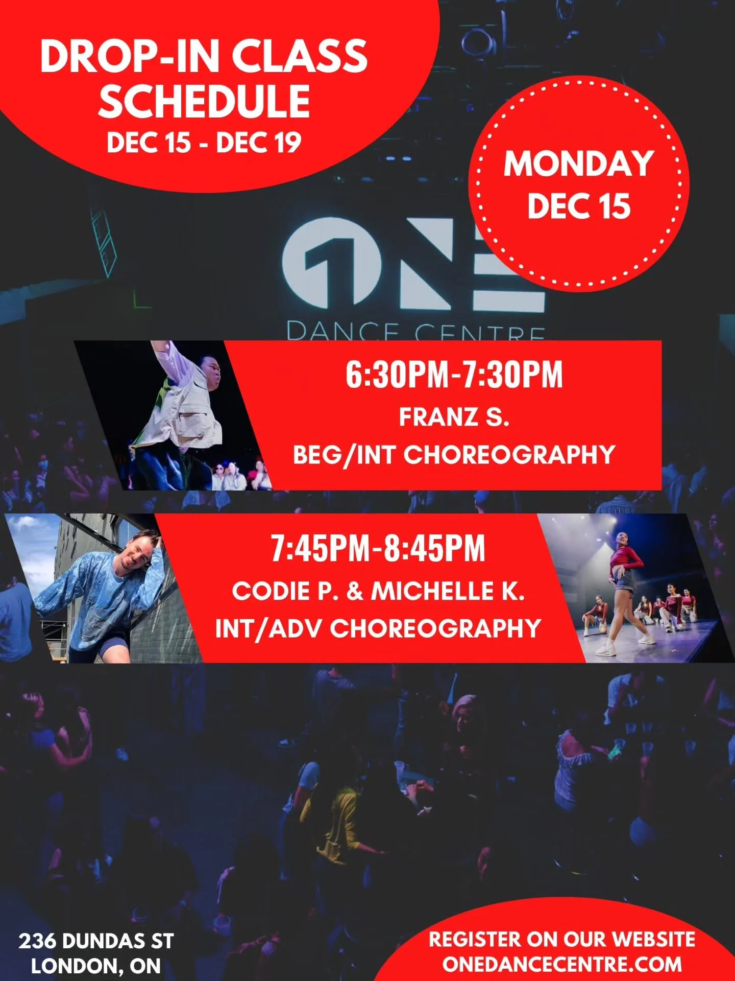 DROP-IN CLASS SCHEDULE FOR DECEMBER 15 - DECEMBER 19 📅 

Come try your first class free for our last week of classes in 2025!

Check out our website for our full monthly schedule and register to reserve your spot. Indoor shoes are mandatory 👟 

See