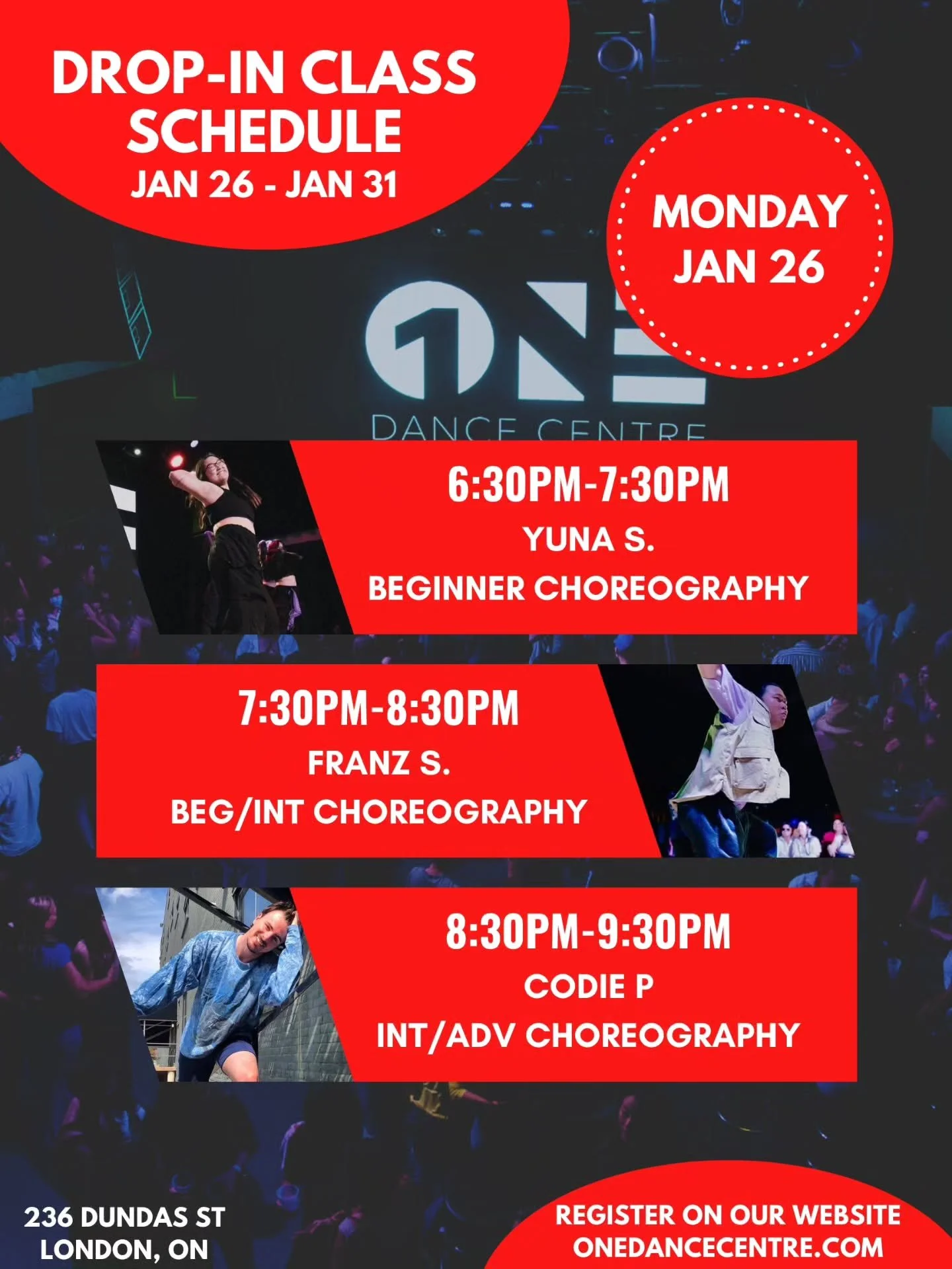 DROP-IN CLASS SCHEDULE FOR JANUARY 26 - JANUARY 31 📅 

Come try your first class and your next one will be on us! 😊

Check out our website for our full monthly schedule and register to reserve your spot. Indoor shoes are mandatory 👟 

See you in c