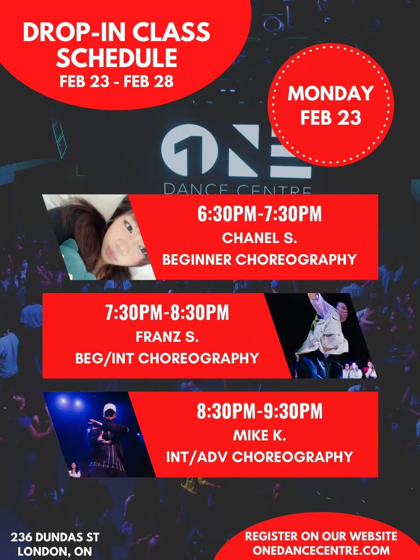 DROP-IN CLASS SCHEDULE FOR FEBRUARY 23 - FEBRUARY 28 📅 

Come try your first class and your next one will be on us! 😊

Check out our website for our full monthly schedule and register to reserve your spot. Indoor shoes are mandatory 👟 

See you in