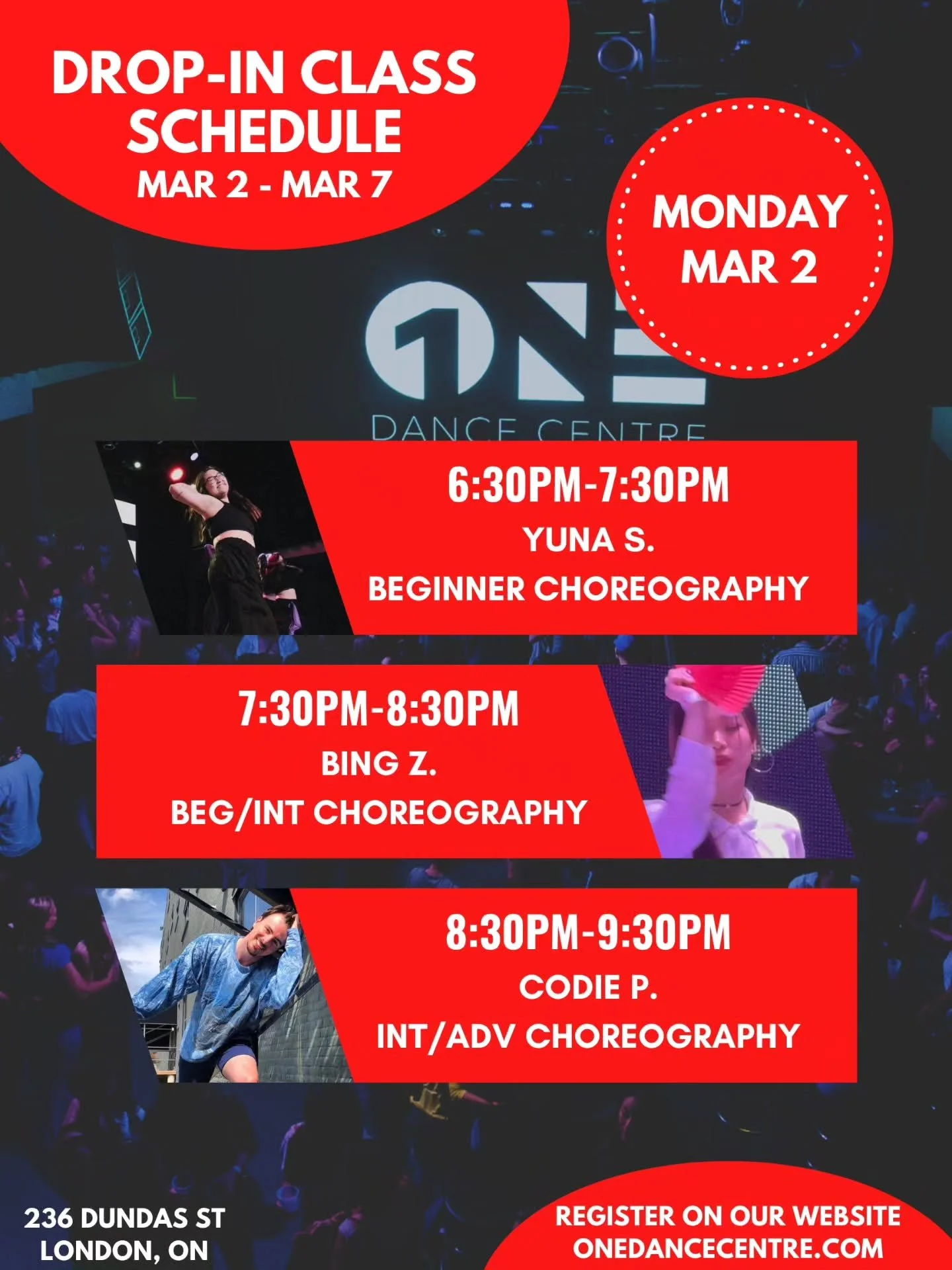 DROP-IN CLASS SCHEDULE FOR MARCH 2 - MARCH 7 📅 

Come try your first class and your next one will be on us! 😊

Check out our website for our full monthly schedule and register to reserve your spot. Indoor shoes are mandatory 👟 

See you in class!