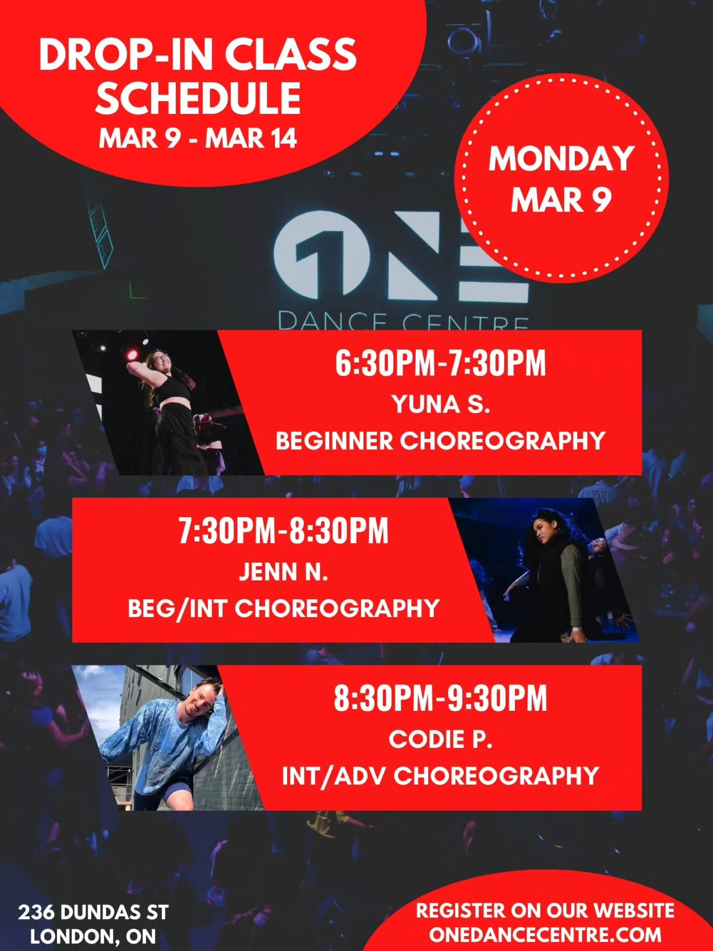 DROP-IN CLASS SCHEDULE FOR MARCH 9 - MARCH 14 📅 

Come try your first class and your next one will be on us! 😊 

Check out our website for our full monthly schedule and register to reserve your spot. Indoor shoes are mandatory 👟 

See you in class