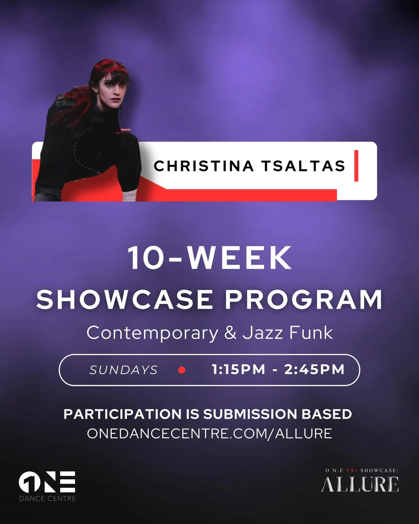 ALLURE: 10-Week Showcase Program (Starting in April) 💜

Contemporary &amp; Jazz Funk with @ninatsaltas 

📝 Description:

A Contemporary &amp; Jazz Funk Program leading towards an upbeat piece with a hint of melancholy, to the tune of early 2000s al