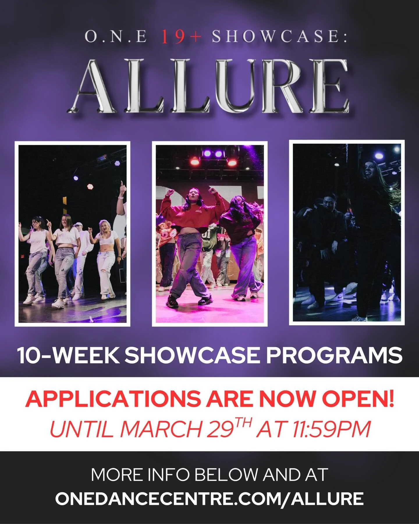 ALLURE PROGRAM APPLICATIONS ARE NOW OPEN! 

We&rsquo;re officially looking for dancers to be part of this year&rsquo;s 19+ showcase on June 20th at London Music Hall.

Over 10 weeks, O.N.E instructors will be leading programs focused on specific danc