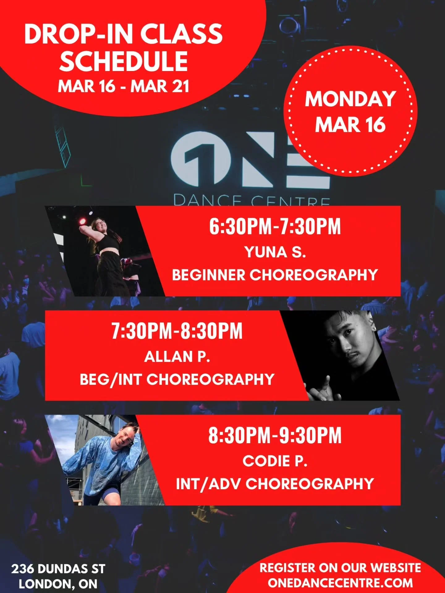 DROP-IN CLASS SCHEDULE FOR MARCH 16 - MARCH 21 📅 

Come try your first class and your next one will be on us! 😊

Check out our website for our full monthly schedule and register to reserve your spot. Indoor shoes are mandatory 👟 

See you in class