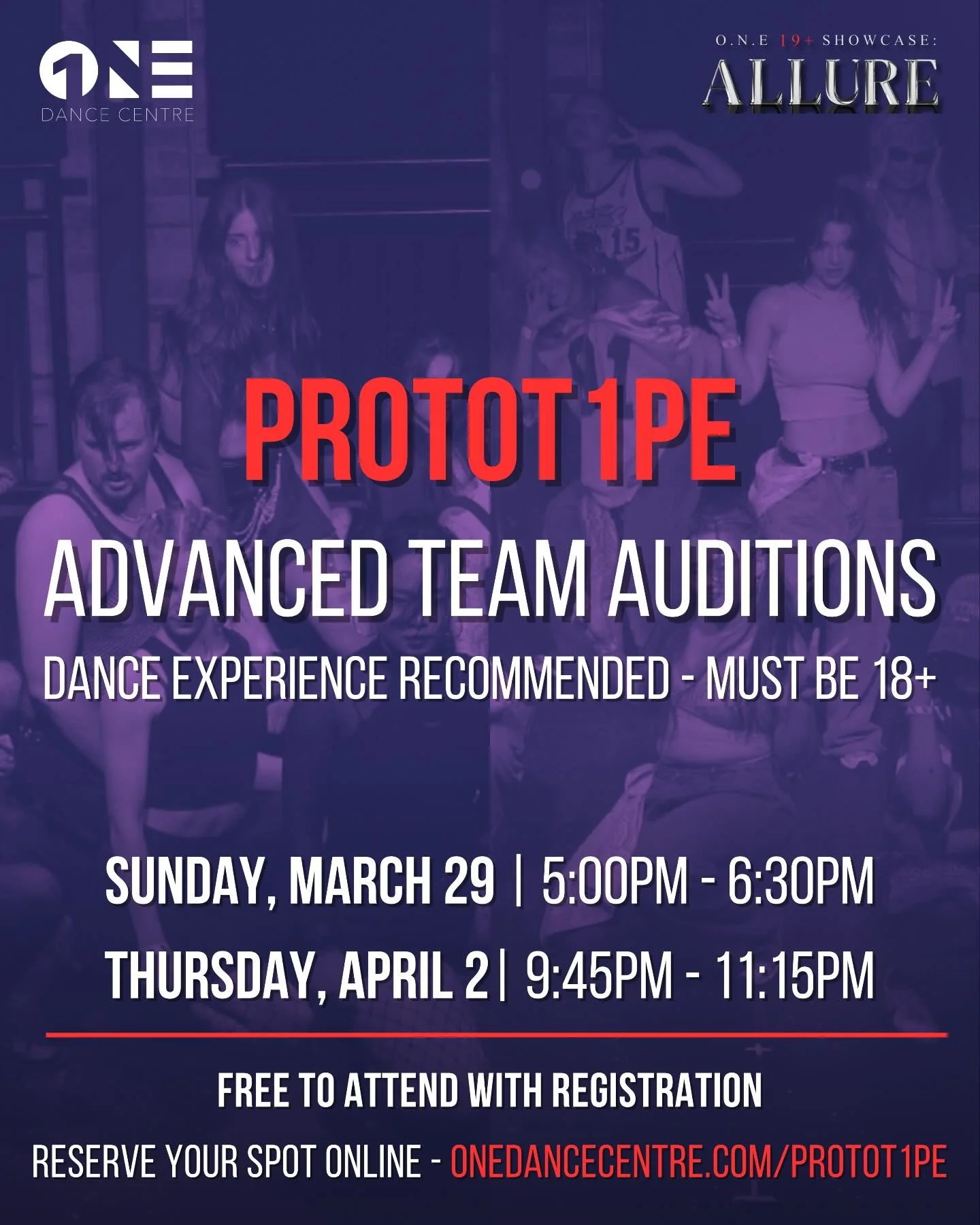 PROTOT1PE auditions are coming up! 👀

PROTOT1PE is our advanced team that offers dancers aged 18+ an opportunity to enhance their training in a more intensive setting, while preparing for a performance at our 19+ showcase, ALLURE.

Previous dance ex