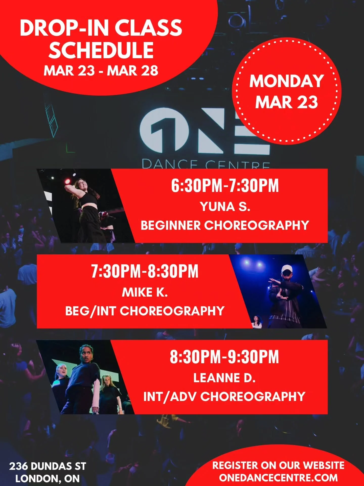 DROP-IN CLASS SCHEDULE FOR MARCH 23 - MARCH 28 📅 

Come try your first class and your next one will be on us! 😊

Check out our website for our full monthly schedule and register to reserve your spot. Indoor shoes are mandatory 👟 

See you in class