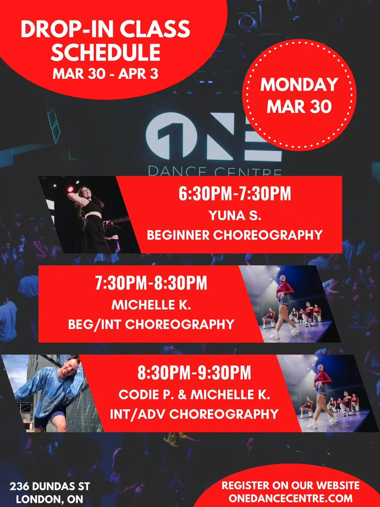 DROP-IN CLASS SCHEDULE FOR MARCH 30 - APRIL 3 📅 

Come try your first class and your next one will be on us! 😊 

Check out our website for our full monthly schedule and register to reserve your spot. Indoor shoes are mandatory 👟 

See you in class
