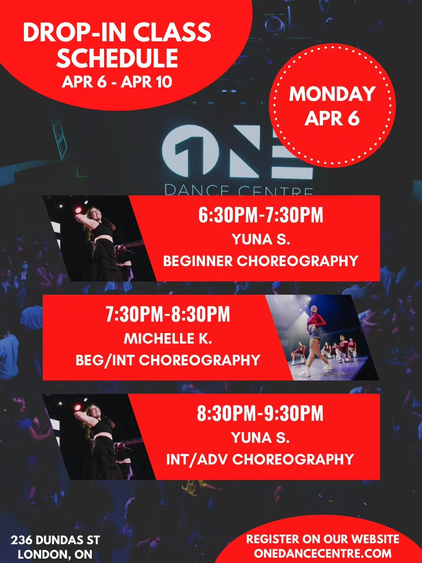 DROP-IN CLASS SCHEDULE FOR APRIL 6 - APRIL 10 📅 

Come try your first class and your next one will be on us! 😊

Check out our website for our full monthly schedule and register to reserve your spot. Indoor shoes are mandatory 👟 

See you in class!