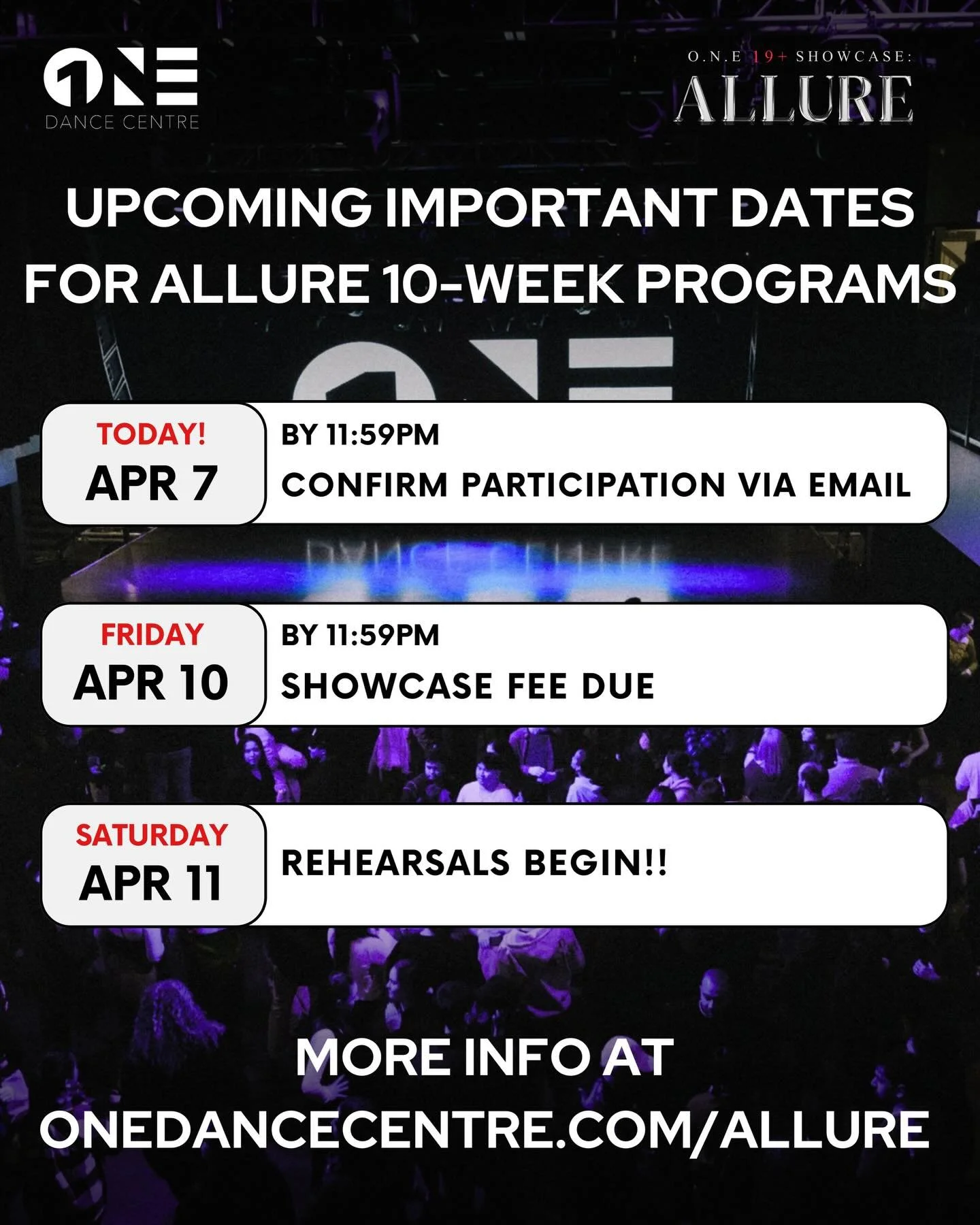 🚨 ALLURE 10-WEEK PROGRAMS &ndash; IMPORTANT DATES 🚨

Program selection emails were sent out on Friday! As mentioned in those emails, please take note of the following important dates 👇

TODAY, APRIL 7th by 11:59 PM
* Reply to your program selectio