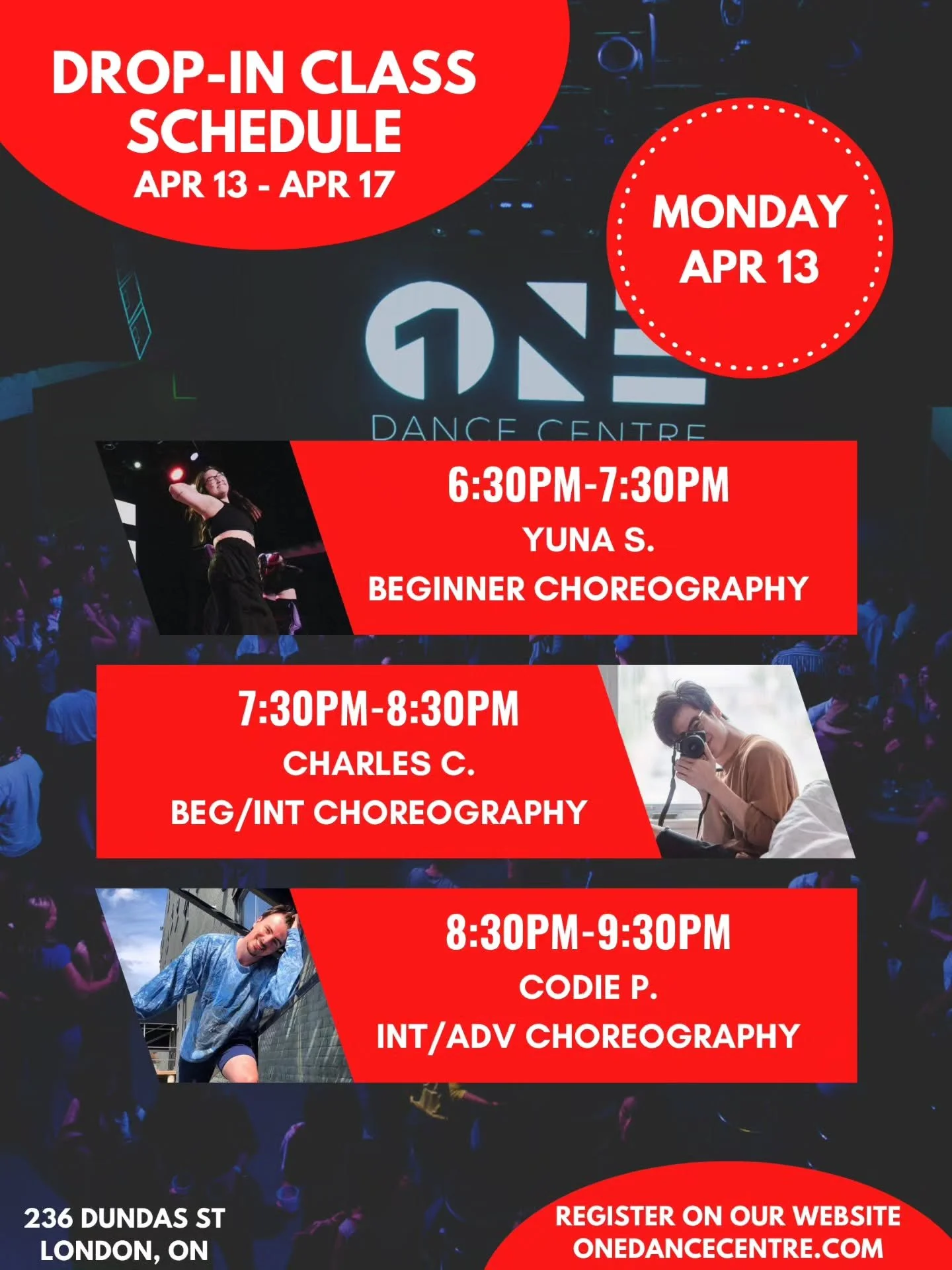 DROP-IN CLASS SCHEDULE FOR APRIL 13 - APRIL 17 📅 

Come try your first class and your next one will be on us! 😊

Check out our website for our full monthly schedule and register to reserve your spot. Indoor shoes are mandatory 👟 

See you in class