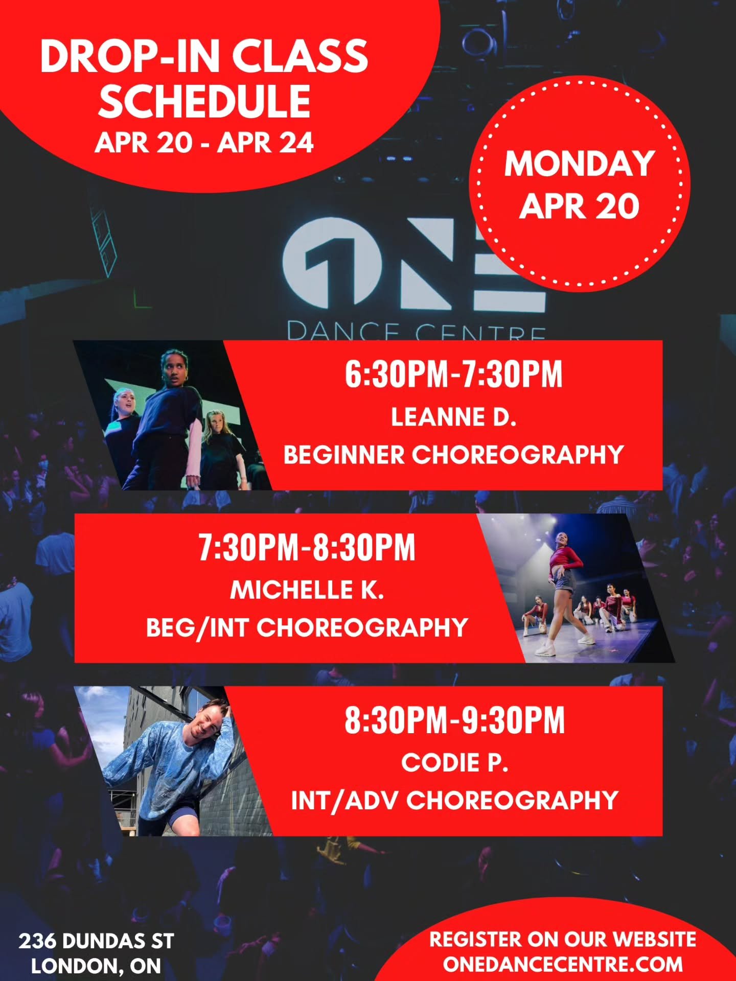 DROP-IN CLASS SCHEDULE FOR APRIL 20 - APRIL 24 📅 

Come try your first class and your next one will be on us! 😊

Check out our website for our full monthly schedule and register to reserve your spot. Indoor shoes are mandatory 👟 

See you in class