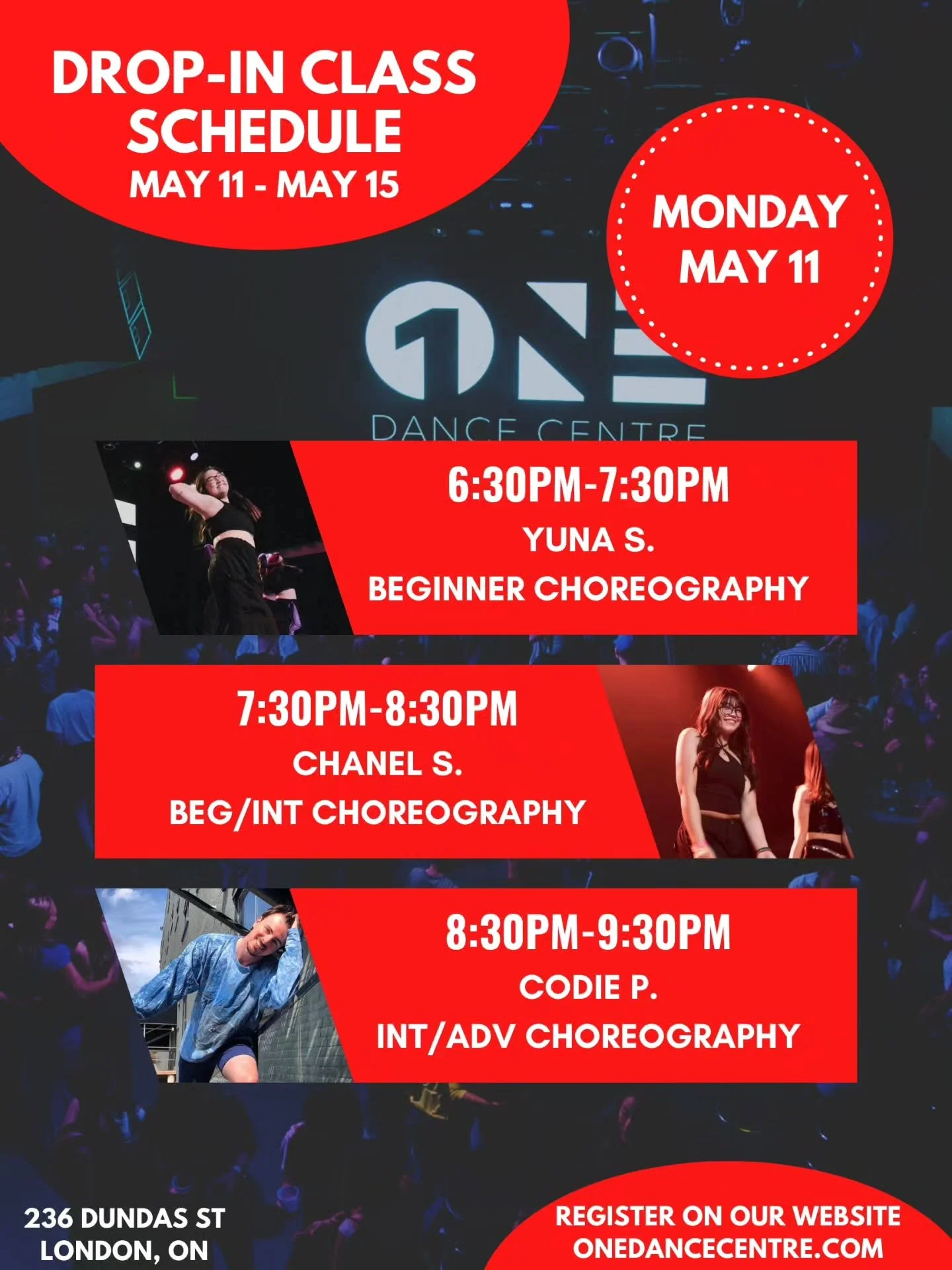 DROP-IN CLASS SCHEDULE FOR MAY 11 - MAY 15 📅 

Come try your first class and your next one will be on us! 😊

Check out our website for our full monthly schedule and register to reserve your spot. Indoor shoes are mandatory 👟 

See you in class!