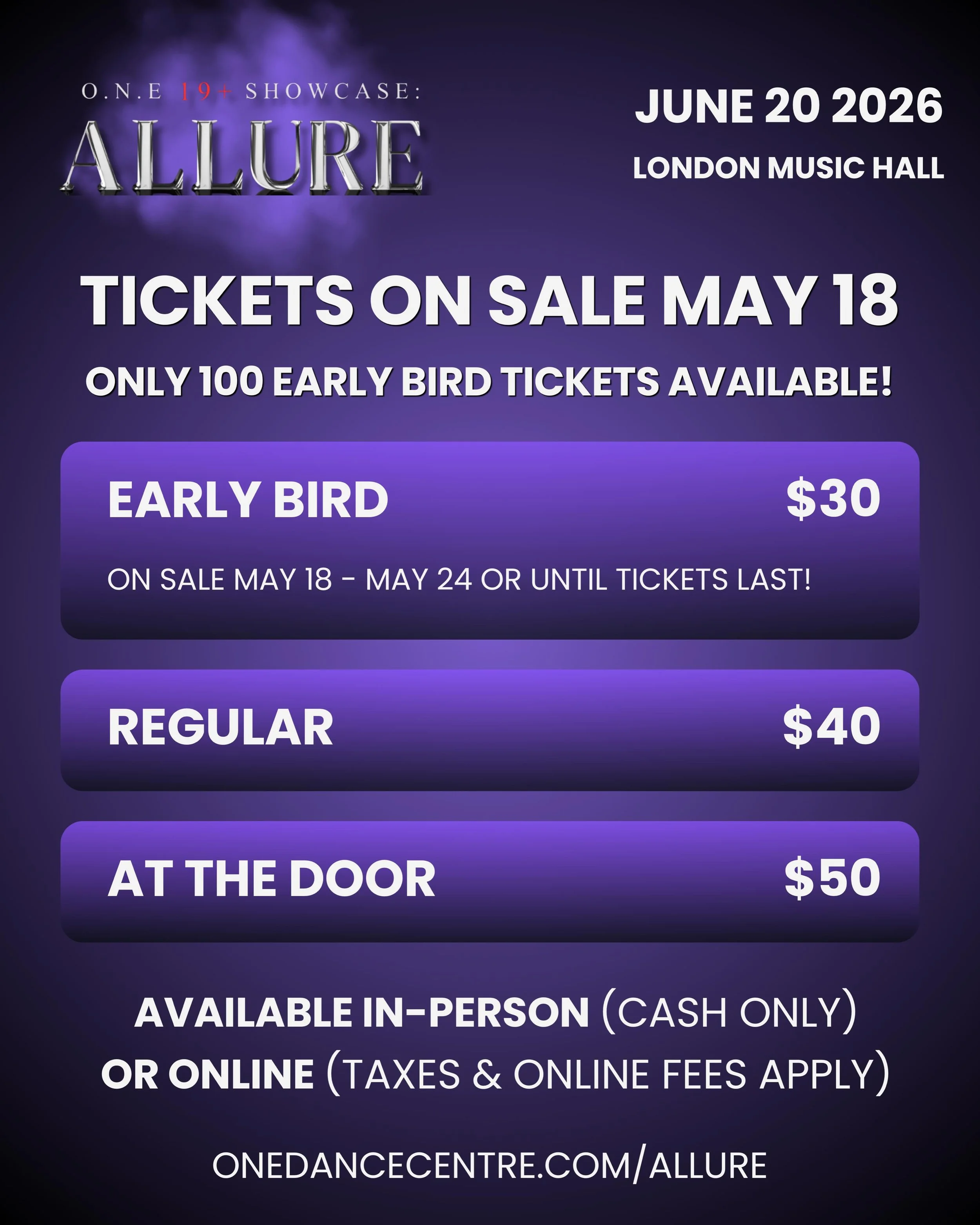 🎟️ TICKETS GO ON SALE MONDAY! 🔥

Get ready for our upcoming 19+ showcase, ALLURE, happening June 20th at London Music Hall ✨

For one week only, we&rsquo;ll be offering discounted Early Bird tickets&hellip; but there are ONLY 100 available! ⚠️

Gra