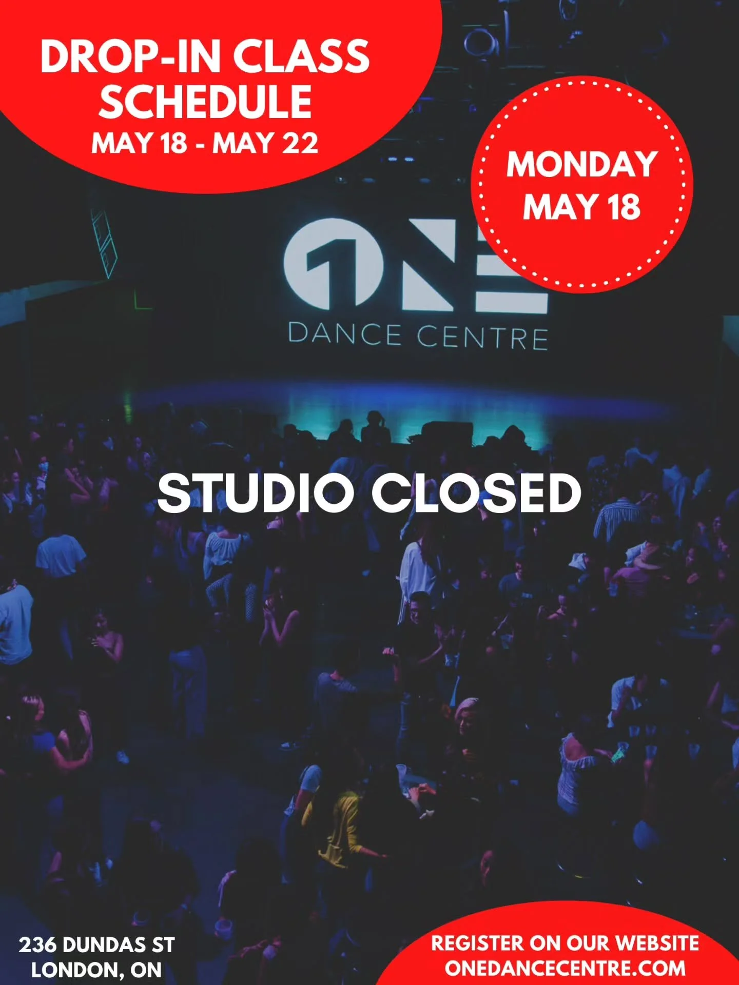 DROP-IN CLASS SCHEDULE FOR MAY 18 - MAY 22 📅 

Come try your first class and your next one will be on us! 😊 

Check out our website for our full monthly schedule and register to reserve your spot. Indoor shoes are mandatory 👟 

See you in class!