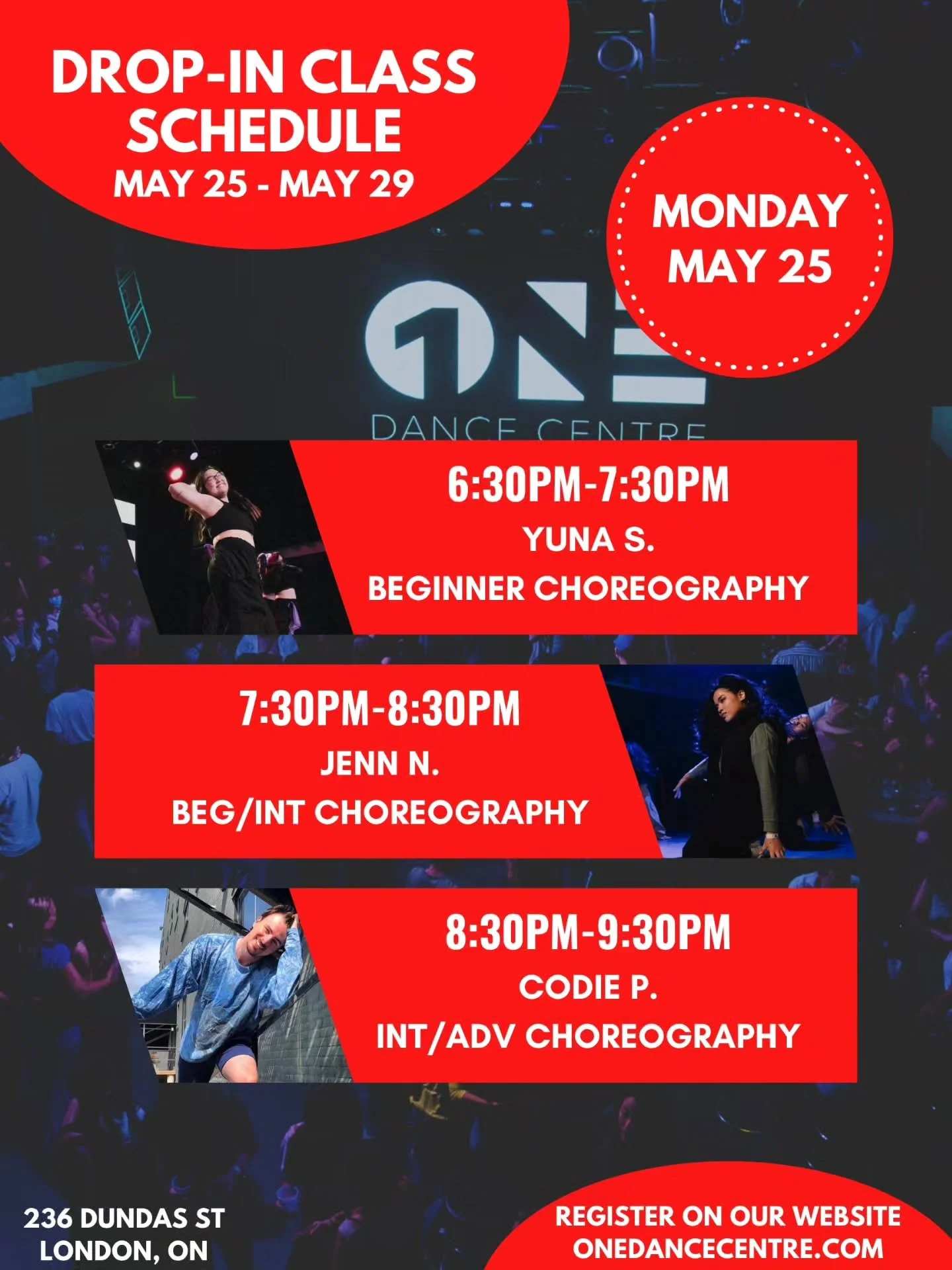 DROP-IN CLASS SCHEDULE FOR MAY 25 - MAY 29 📅 

Come try your first class and your next one will be on us! 😊

Check out our website for our full monthly schedule and register to reserve your spot. Indoor shoes are mandatory 👟 

See you in class!