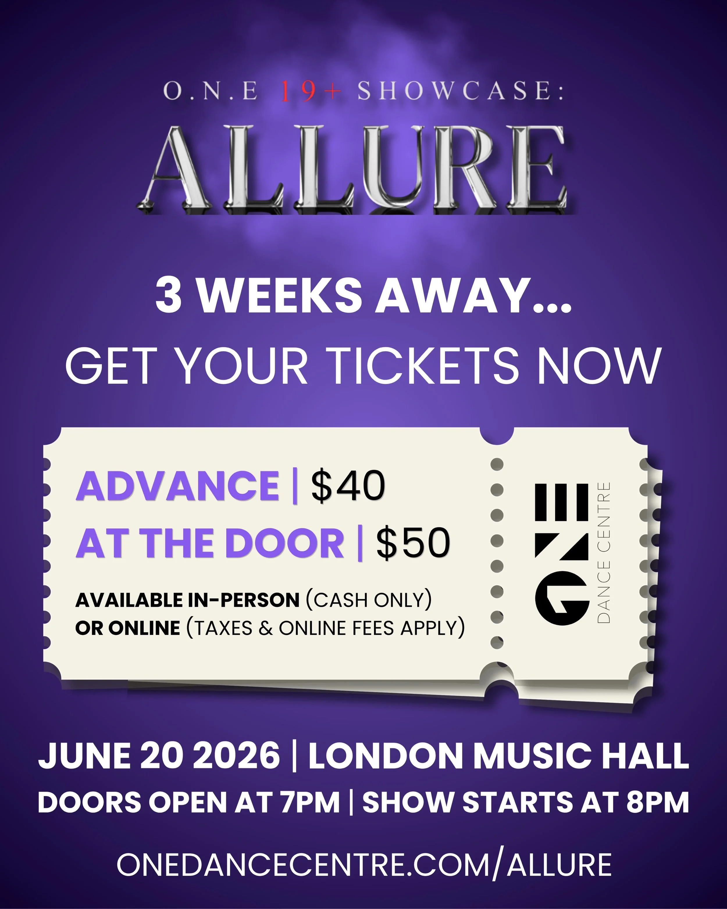 ‼️ 3 WEEKS UNTIL ALLURE! ‼️

Our upcoming 19+ showcase is right around the corner! Have you grabbed your tickets yet? 👀

Join us for a fun, exciting night of dance at London Music Hall on June 20th!

🎫 Ticket Pricing:
💜 Advanced: $40
💜 At The Doo
