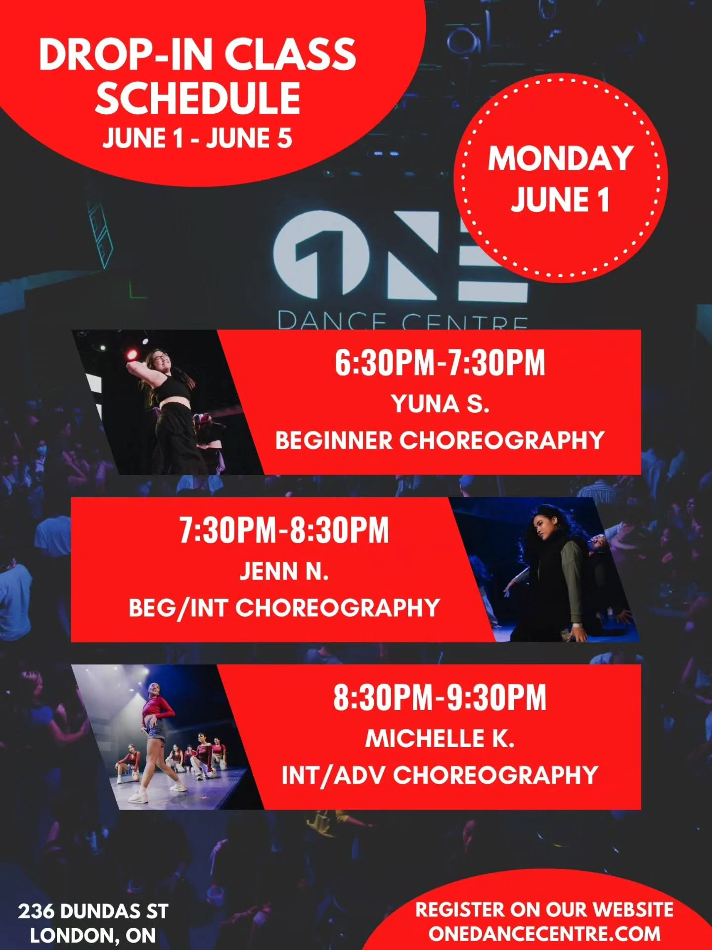 DROP-IN CLASS SCHEDULE FOR JUNE 1 - JUNE 5 📅 

Come try your first class and your next one will be on us! 😊

Check out our website for our full monthly schedule and register to reserve your spot. Indoor shoes are mandatory 👟 

See you in class!
