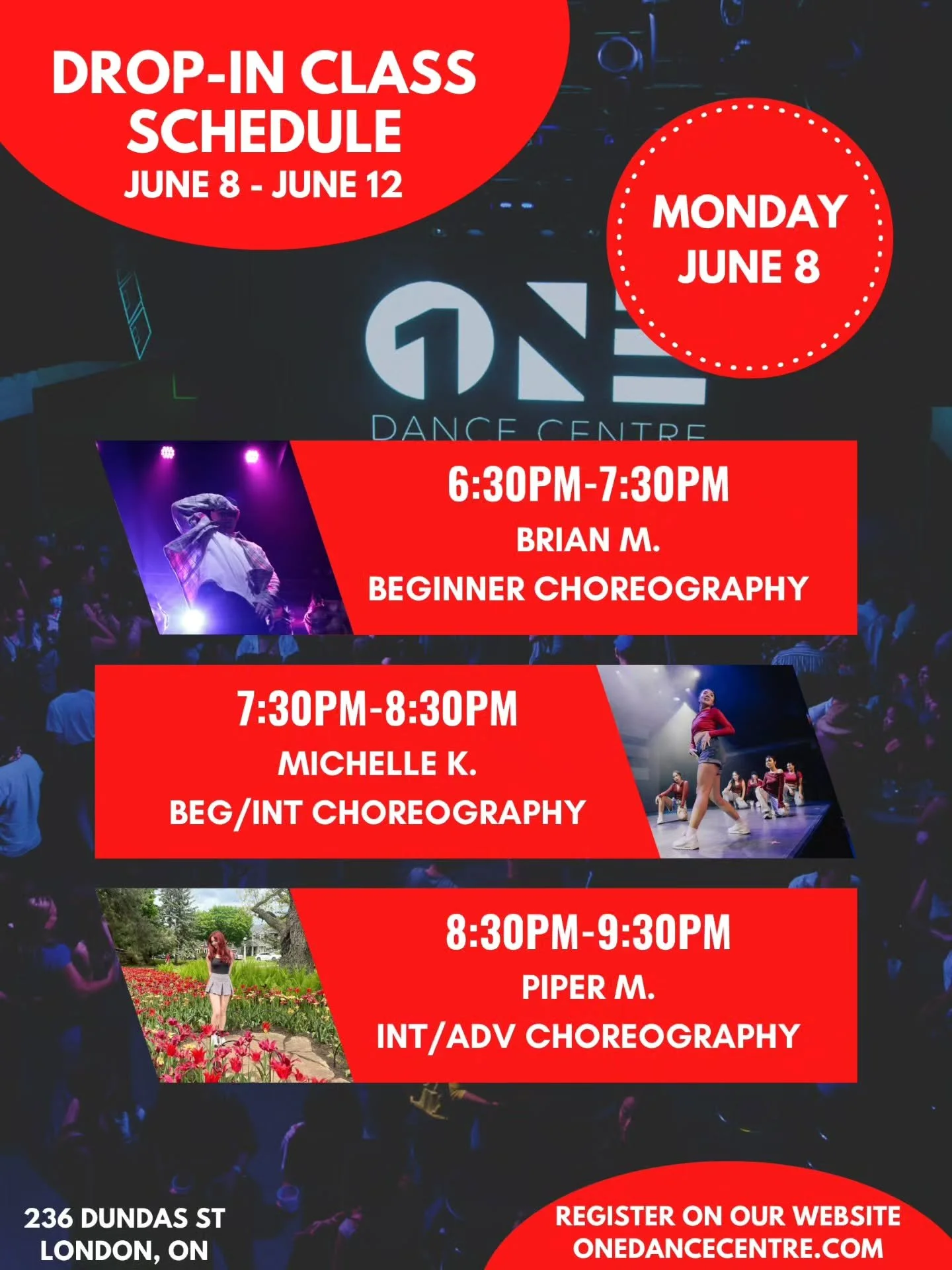 DROP-IN CLASS SCHEDULE FOR JUNE 8 - JUNE 12 📅 

Come try your first class and your next one will be on us! 😊

Check out our website for our full monthly schedule and register to reserve your spot. Indoor shoes are mandatory 👟 

See you in class!