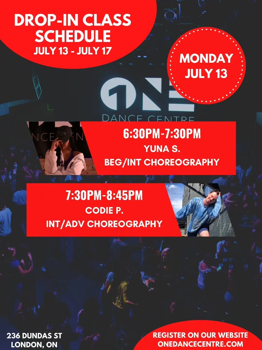 DROP-IN CLASS SCHEDULE FOR JULY 13 - JULY 17 📅 

Come try your first class and your next one will be on us! 😊 

Check out our website for our full monthly schedule and register to reserve your spot. Indoor shoes are mandatory 👟 

See you in class!