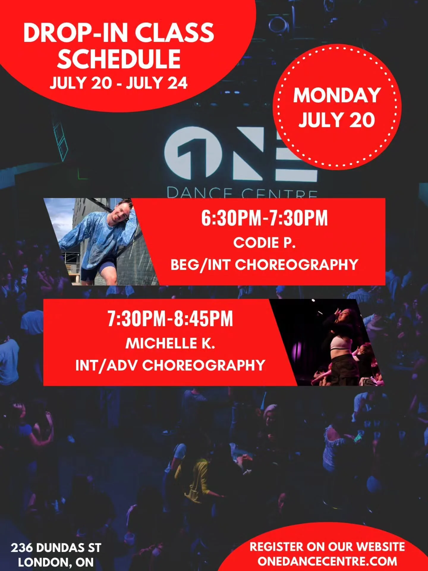 DROP-IN CLASS SCHEDULE FOR JULY 20 - JULY 24 📅 

Come try your first class and your next one will be on us! 😊

Check out our website for our full monthly schedule and register to reserve your spot. Indoor shoes are mandatory 👟 

See you in class!
