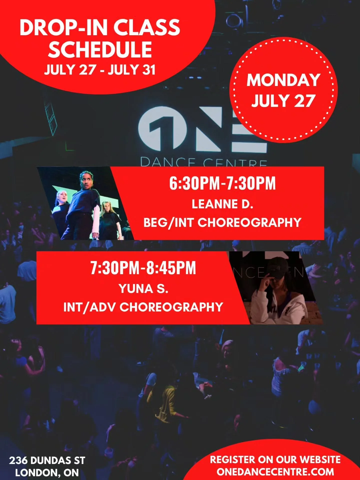 DROP-IN CLASS SCHEDULE FOR JULY 27 - JULY 31 📅 

Come try your first class and your next one will be on us! 😊

Check out our website for our full monthly schedule and register to reserve your spot. Indoor shoes are mandatory 👟 

See you in class!