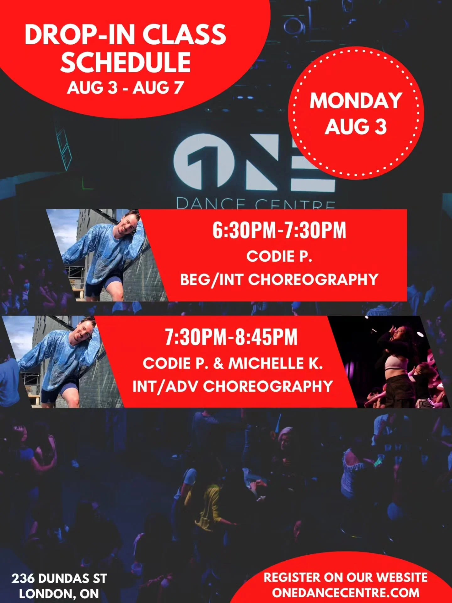 DROP-IN CLASS SCHEDULE FOR AUGUST 3 - AUGUST 7 📅 

Come try your first class and your next one will be on us! 😊

Check out our website for our full monthly schedule and register to reserve your spot. Indoor shoes are mandatory 👟 

See you in class