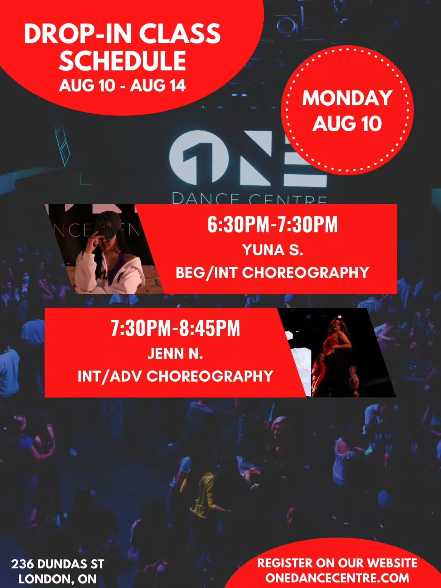 DROP-IN CLASS SCHEDULE FOR AUGUST 10 - AUGUST 14 📅 

Come try your first class and your next one will be on us! 😊

Check out our website for our full monthly schedule and register to reserve your spot. Indoor shoes are mandatory 👟 

See you in cla