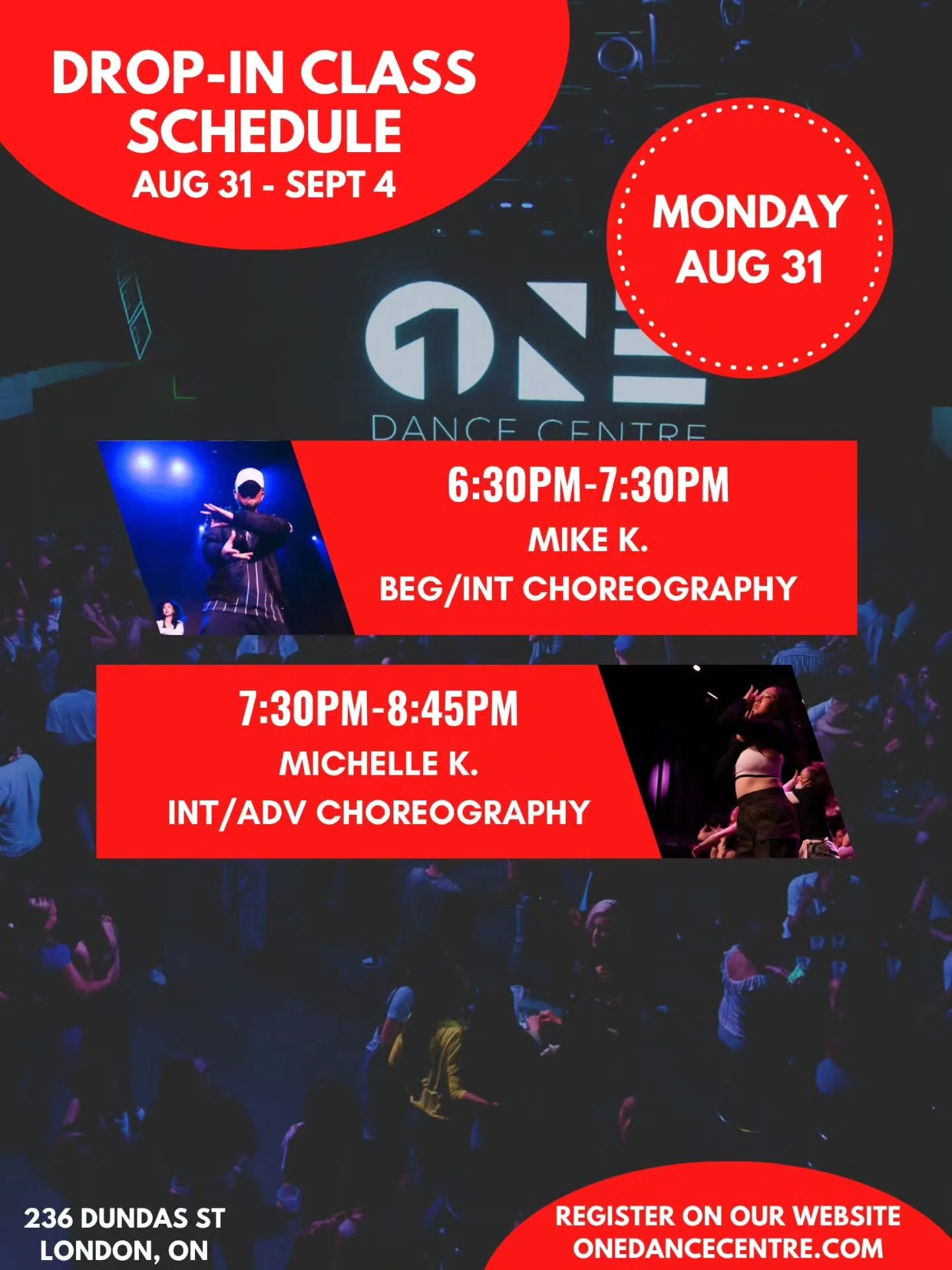 DROP-IN CLASS SCHEDULE FOR AUGUST 31 - SEPTEMBER 4 📅 

Come try your first class and your next one will be on us! 😊

Check out our website for our full monthly schedule and register to reserve your spot. Indoor shoes are mandatory 👟 

See you in c