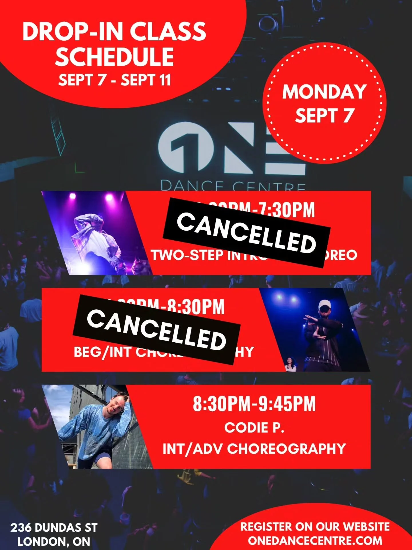DROP-IN CLASS SCHEDULE FOR SEPTEMBER 7 - SEPTEMBER 11 📅 

Come try your first class and your next one will be on us! 😊

Check out our website for our full monthly schedule and register to reserve your spot. Indoor shoes are mandatory 👟 

See you i