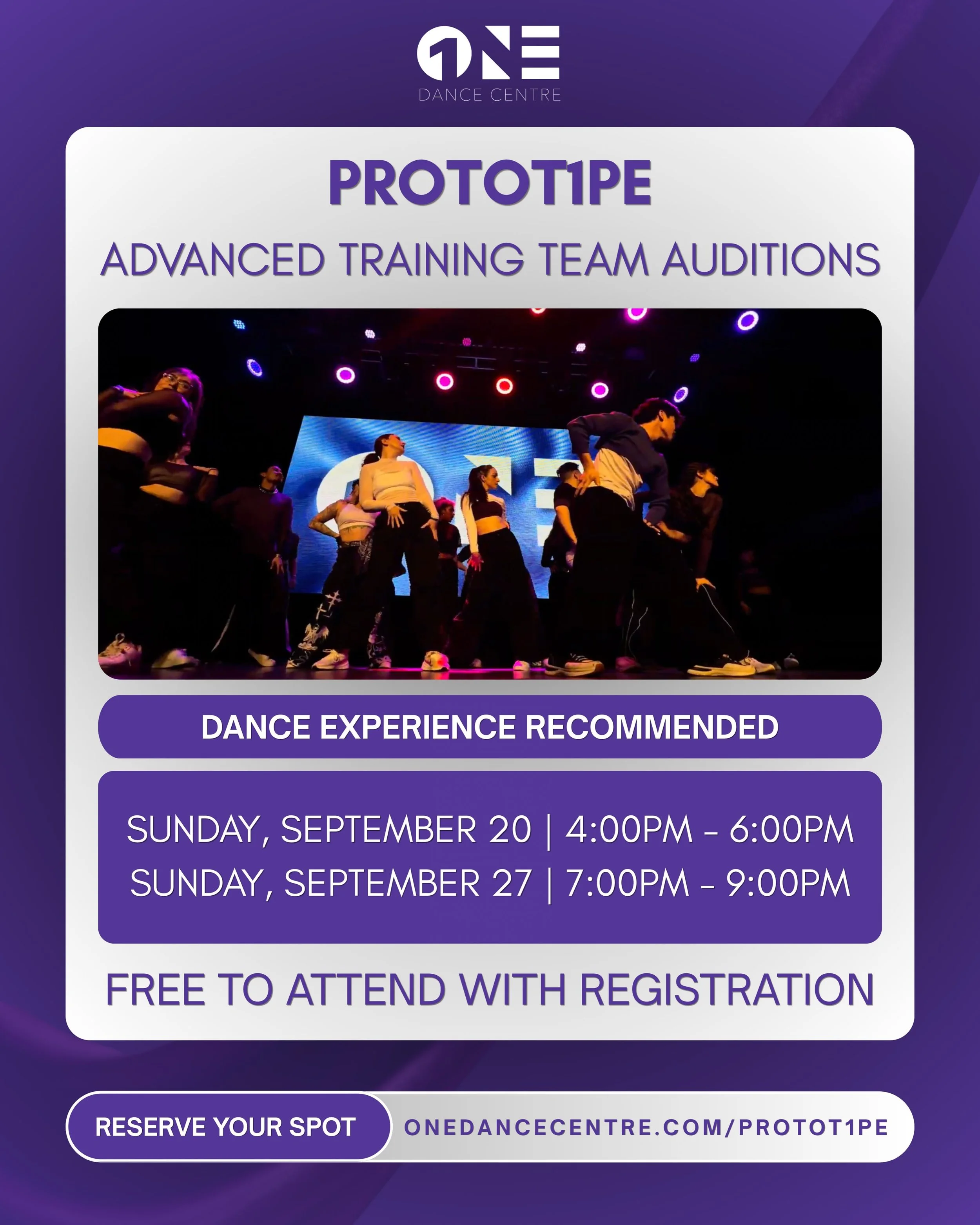 PROTOT1PE auditions start next week! 😱

PROTOT1PE is our advanced team that offers dancers an opportunity to enhance their training in a more intensive setting. 

Previous dance experience is recommended, but auditions are open to everyone!

📍Audit