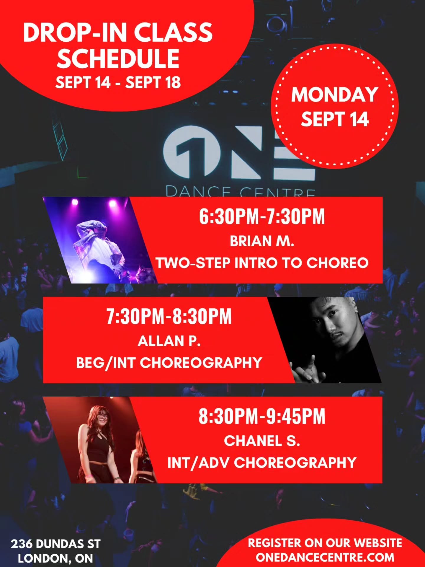 DROP-IN CLASS SCHEDULE FOR SEPTEMBER 14 - SEPTEMBER 18 📅 

Come try your first class and your next one will be on us! 😊

Check out our website for our full monthly schedule and register to reserve your spot. Indoor shoes are mandatory 👟 

See you 